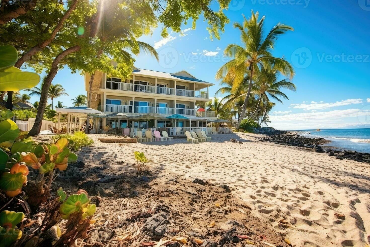 bellissimo spiaggia Locanda soleggiato giorno Visualizza ai generato foto