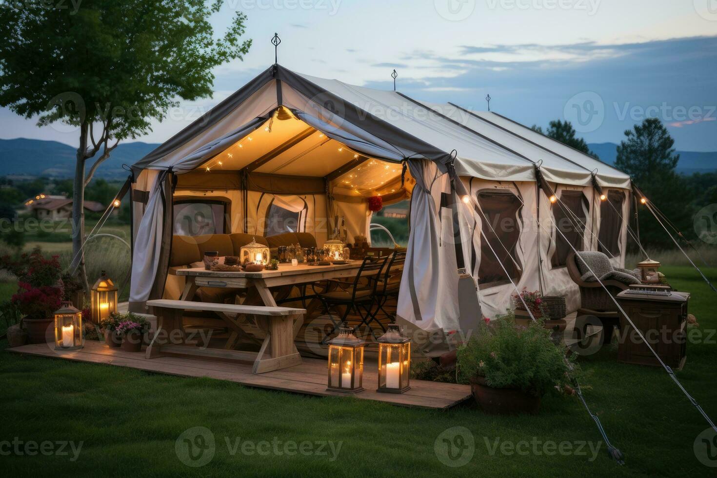 lusso Al dettaglio campeggio tenda mente formazione glamping professionale pubblicità fotografia ai generato foto