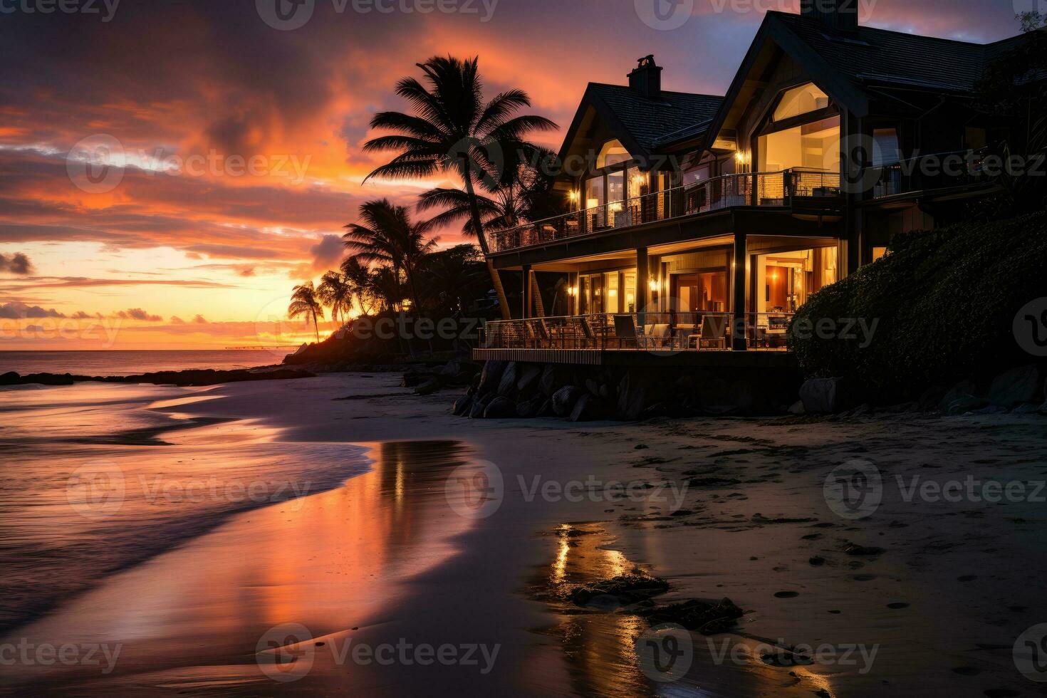 bellissimo spiaggia Locanda sera Visualizza ai generato foto