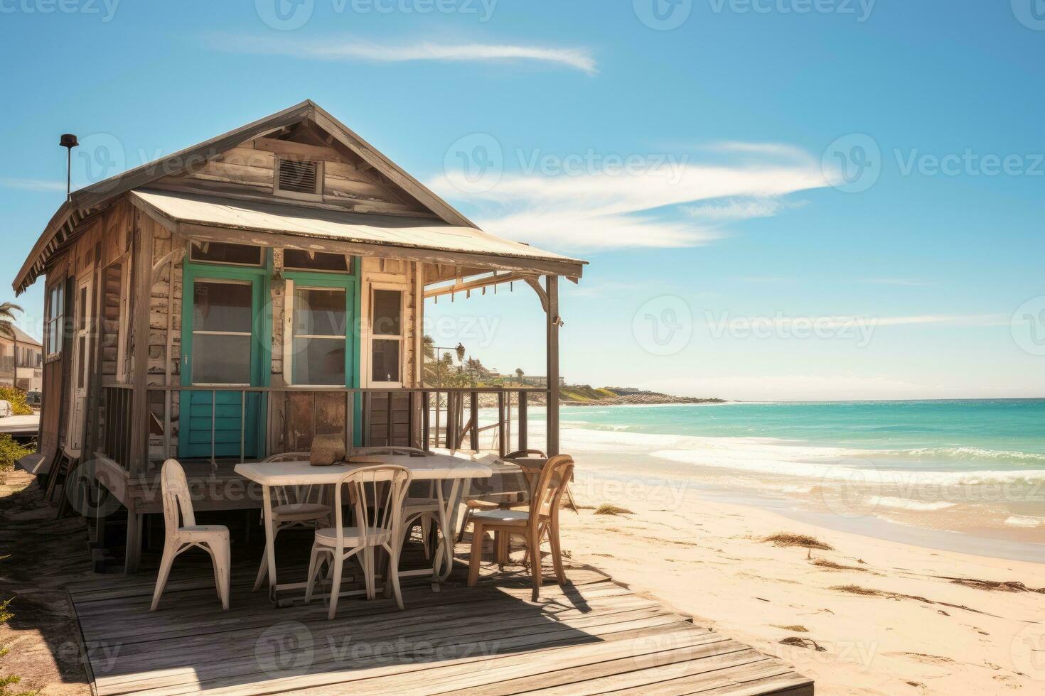 bellissimo spiaggia Locanda soleggiato giorno Visualizza ai generato foto