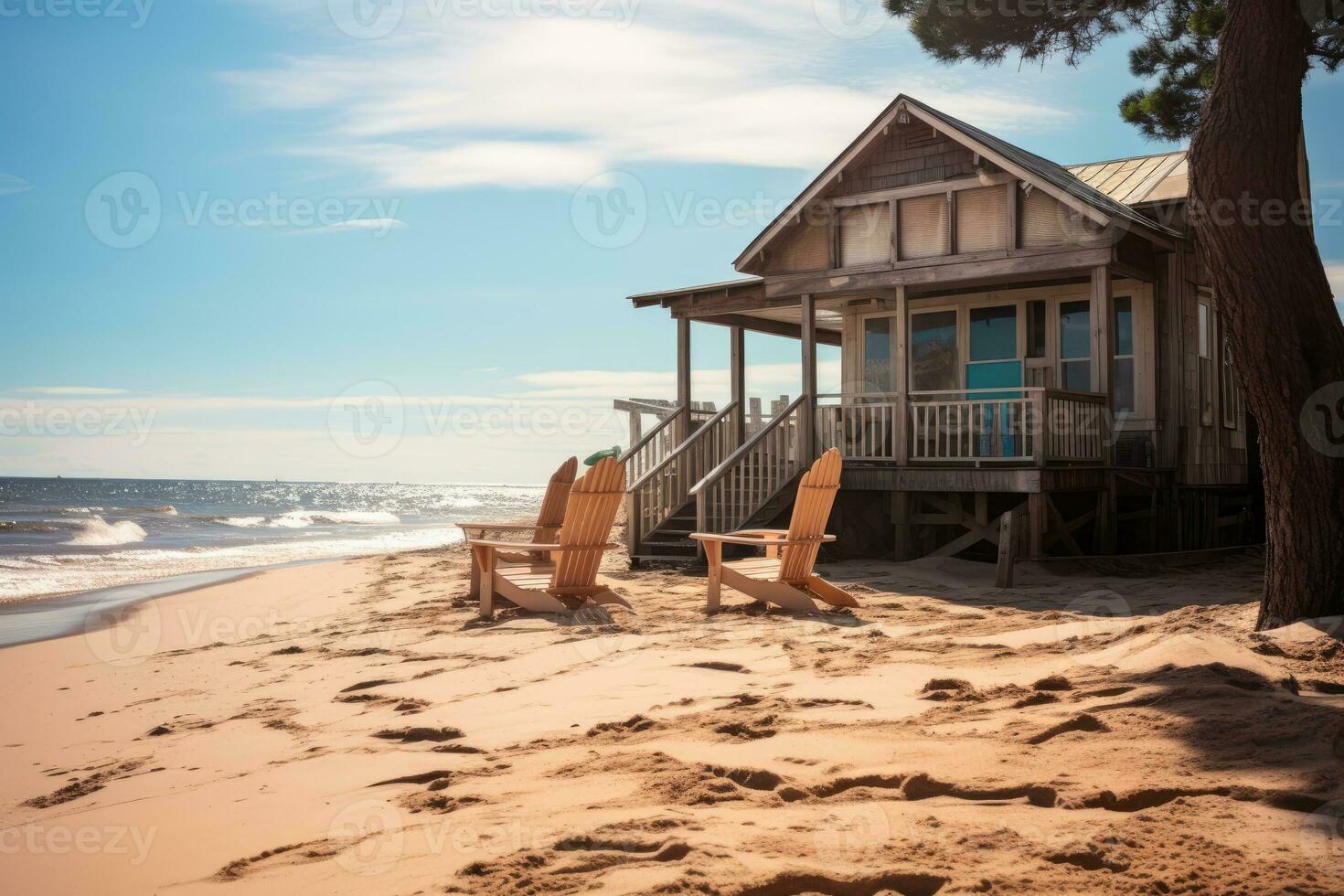 bellissimo spiaggia Locanda soleggiato giorno Visualizza ai generato foto