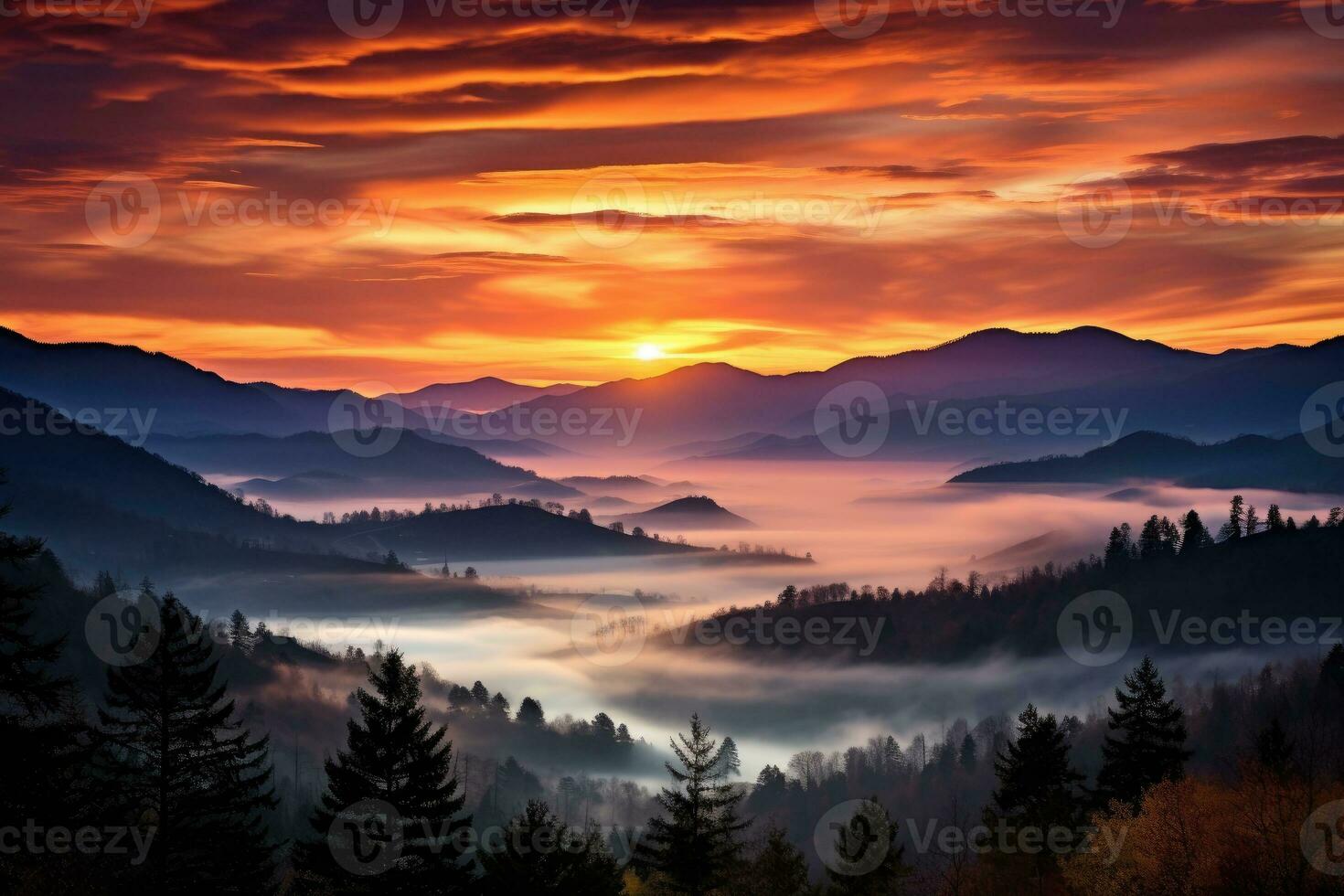 mozzafiato Alba al di sopra di il fumoso montagne ai generato foto