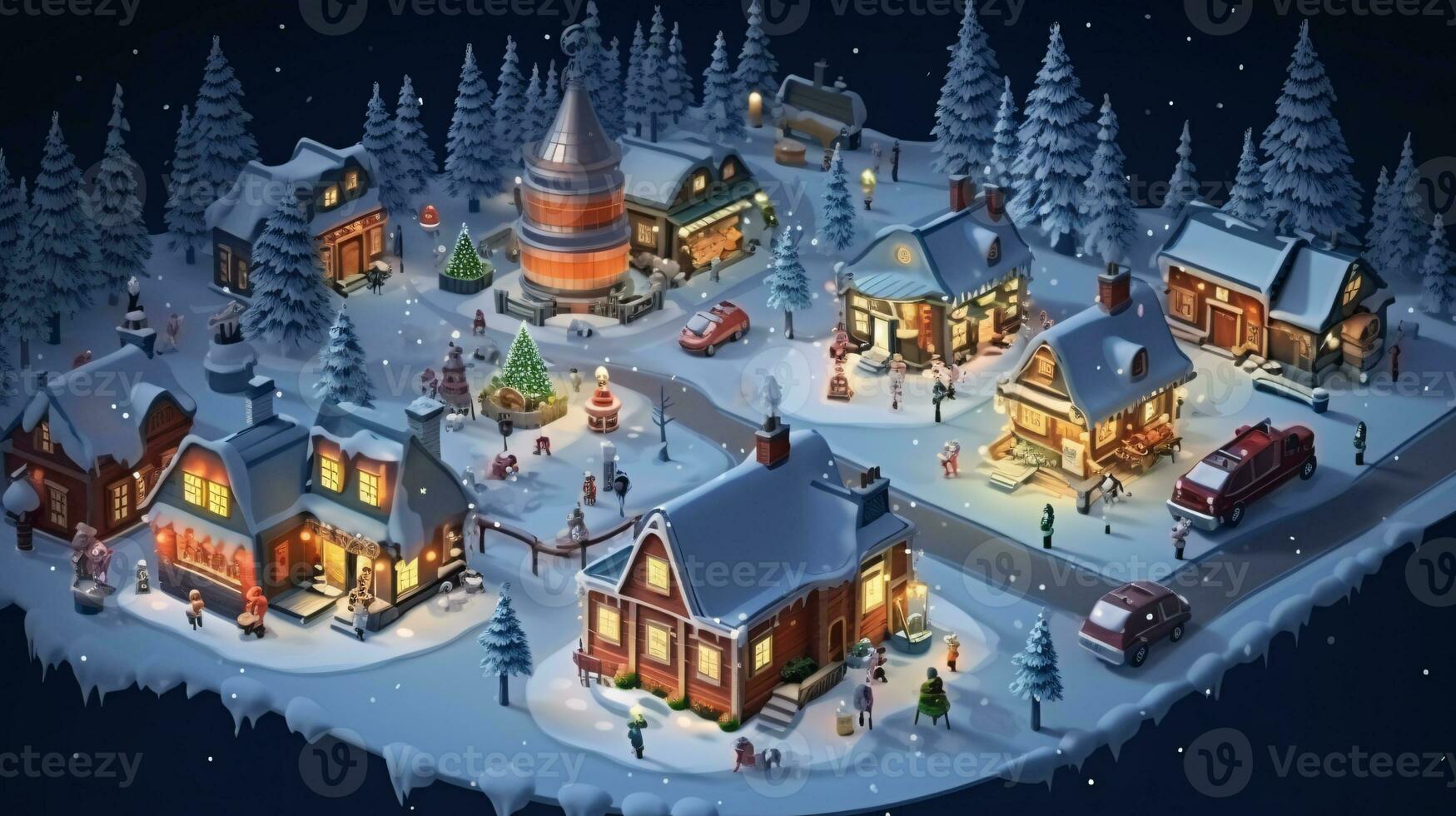 ai generativo realistico accogliente piccolo Natale cittadina di notte isometrico o uccelli occhio Visualizza foto