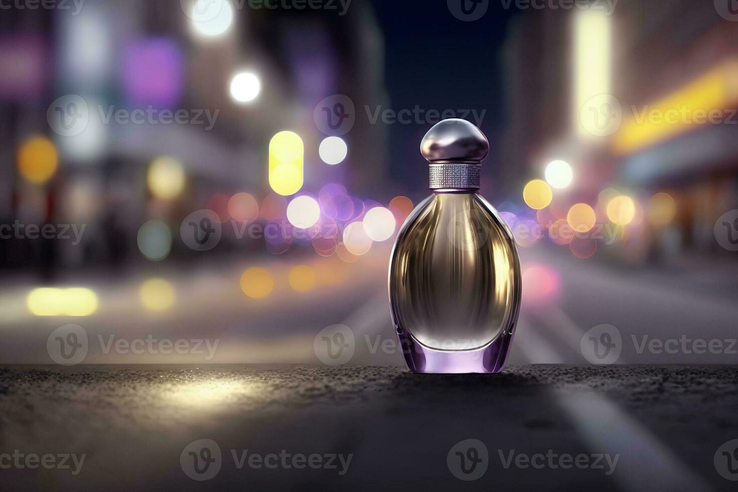 profumo bottiglia contro il fondale di notte città luci. neurale Rete generato arte foto