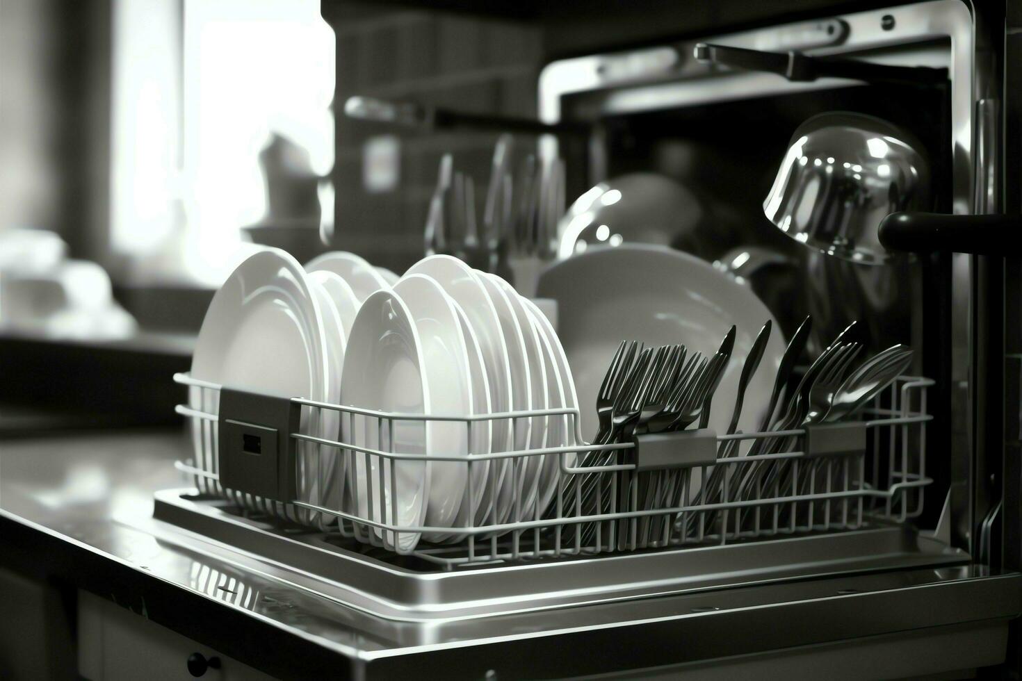 ha aperto lavastoviglie macchina nel cucina camera con sporco piatti o pulito piatti dopo lavaggio dentro concetto di ai generato foto