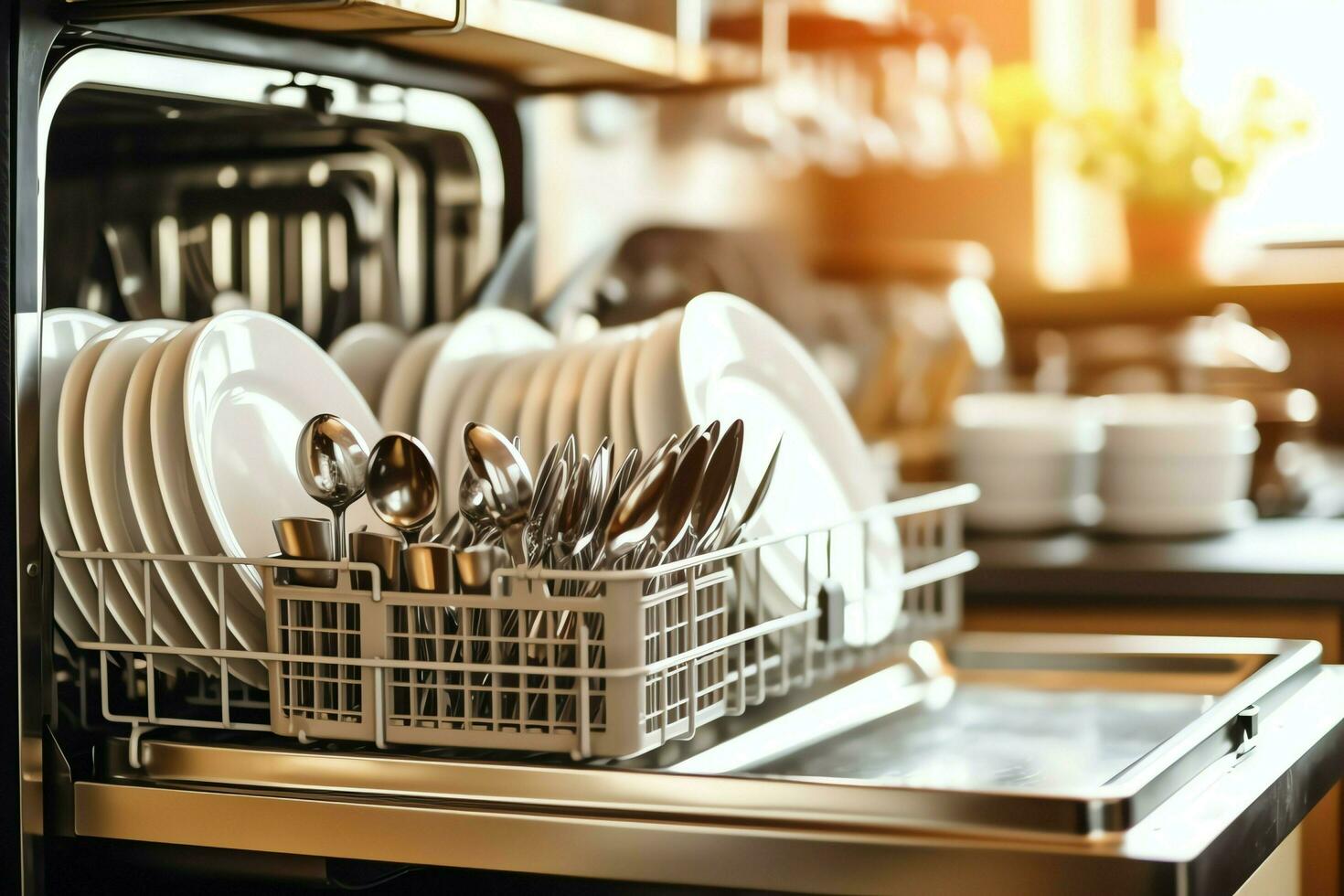 ha aperto lavastoviglie macchina nel cucina camera con sporco piatti o pulito piatti dopo lavaggio dentro concetto di ai generato foto