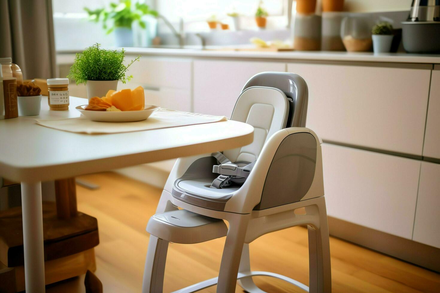 convenzionale bambino alimentazione sedia nel il cenare tavolo a casa o cucina. bambino alto sedia mobilia concetto di ai generato foto