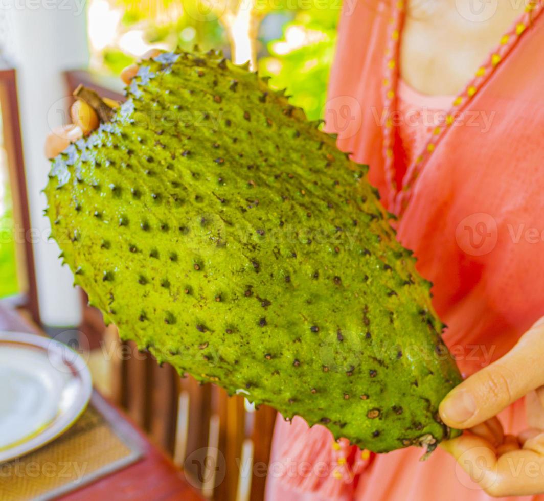 la donna tiene i regali di frutta tropicale sauersack soursop in sri lanka. foto