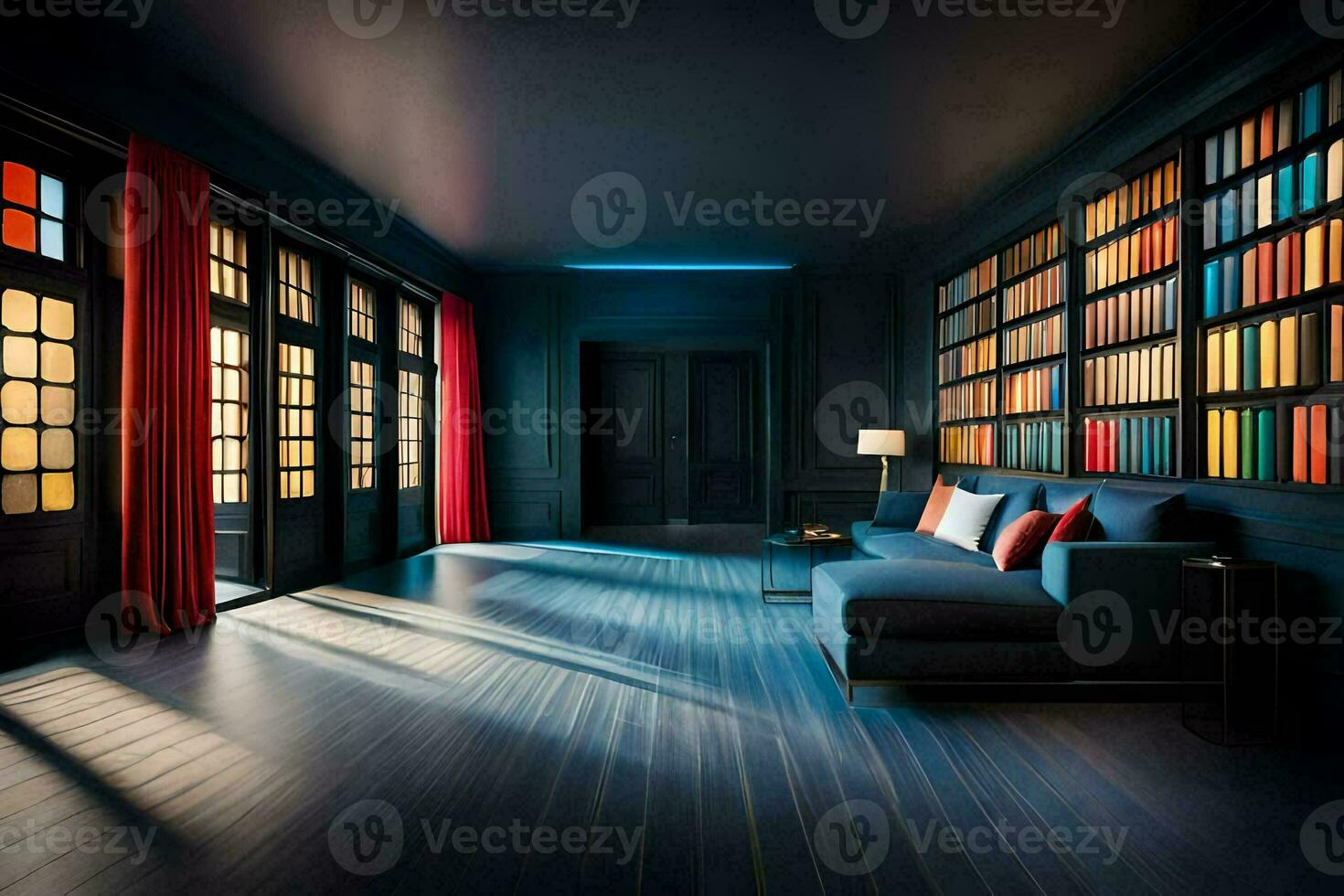 un' camera con un' blu divano e rosso libreria. ai-generato foto