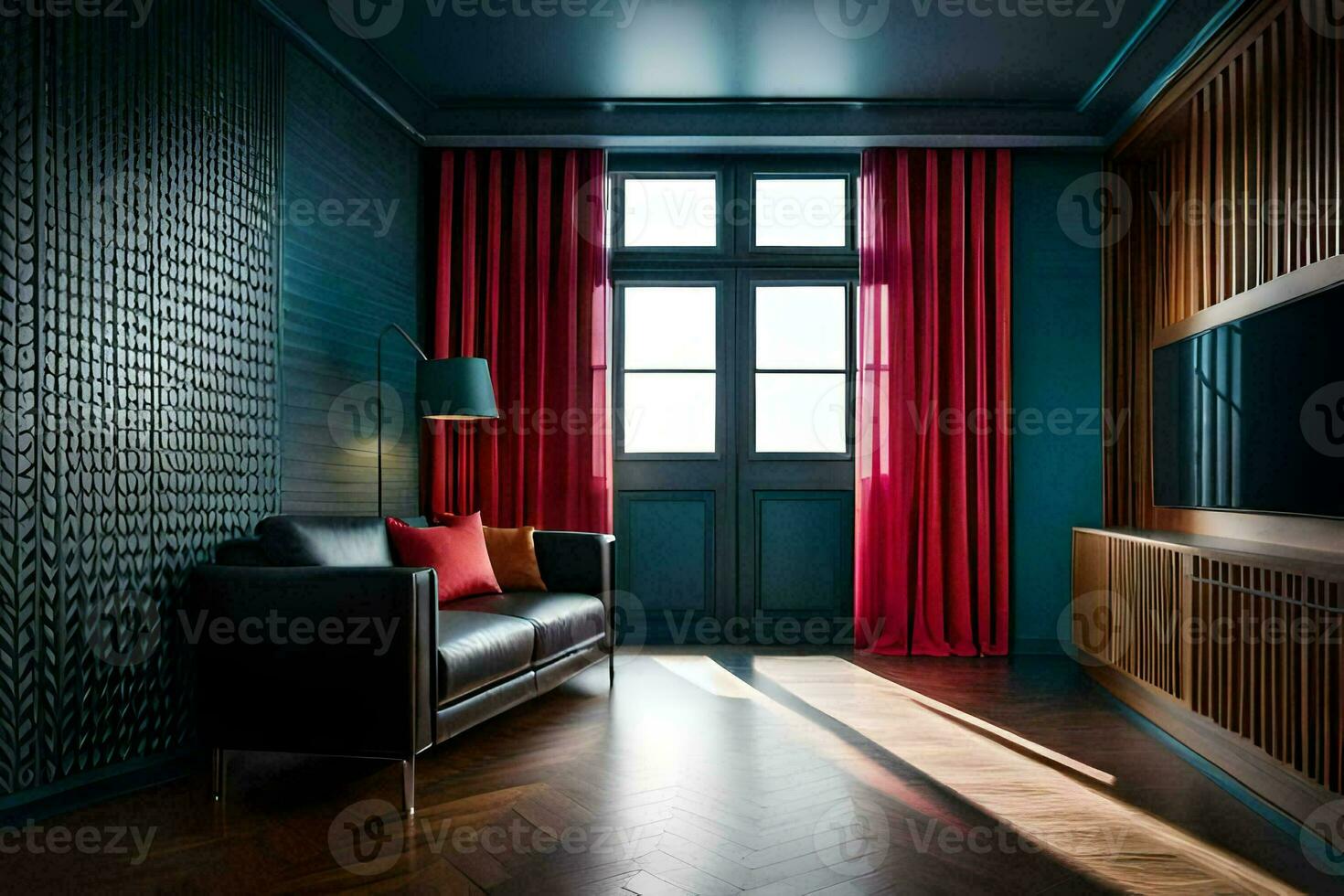 un' camera con un' nero divano e rosso tende. ai-generato foto