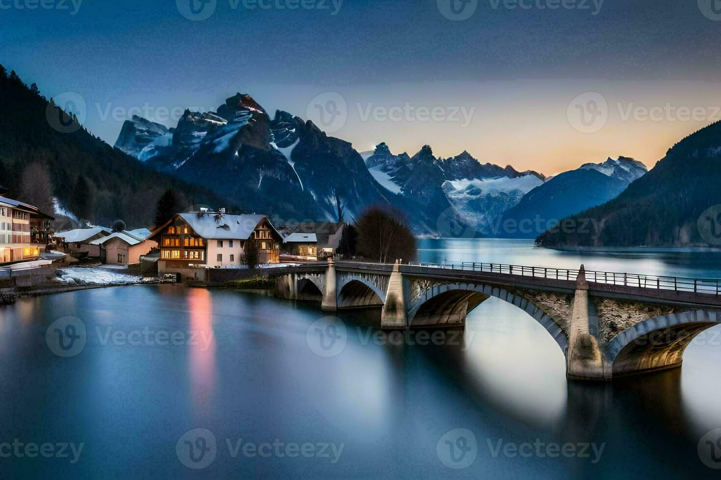 un' ponte al di sopra di un' lago e montagne a tramonto. ai-generato foto