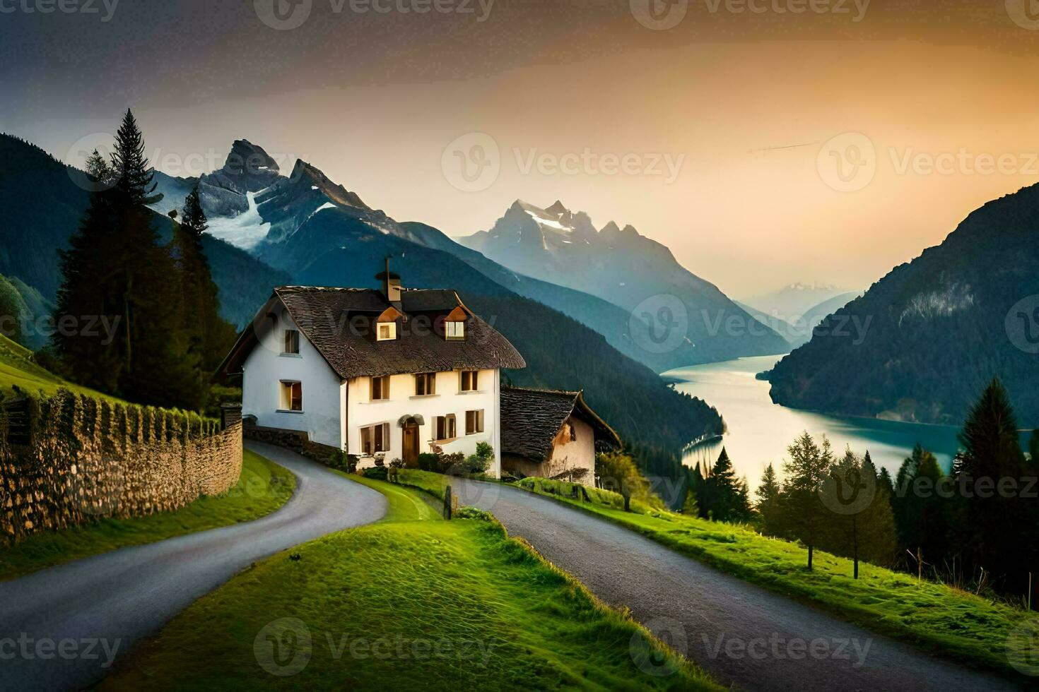 un' Casa su un' montagna strada con un' lago nel il sfondo. ai-generato foto