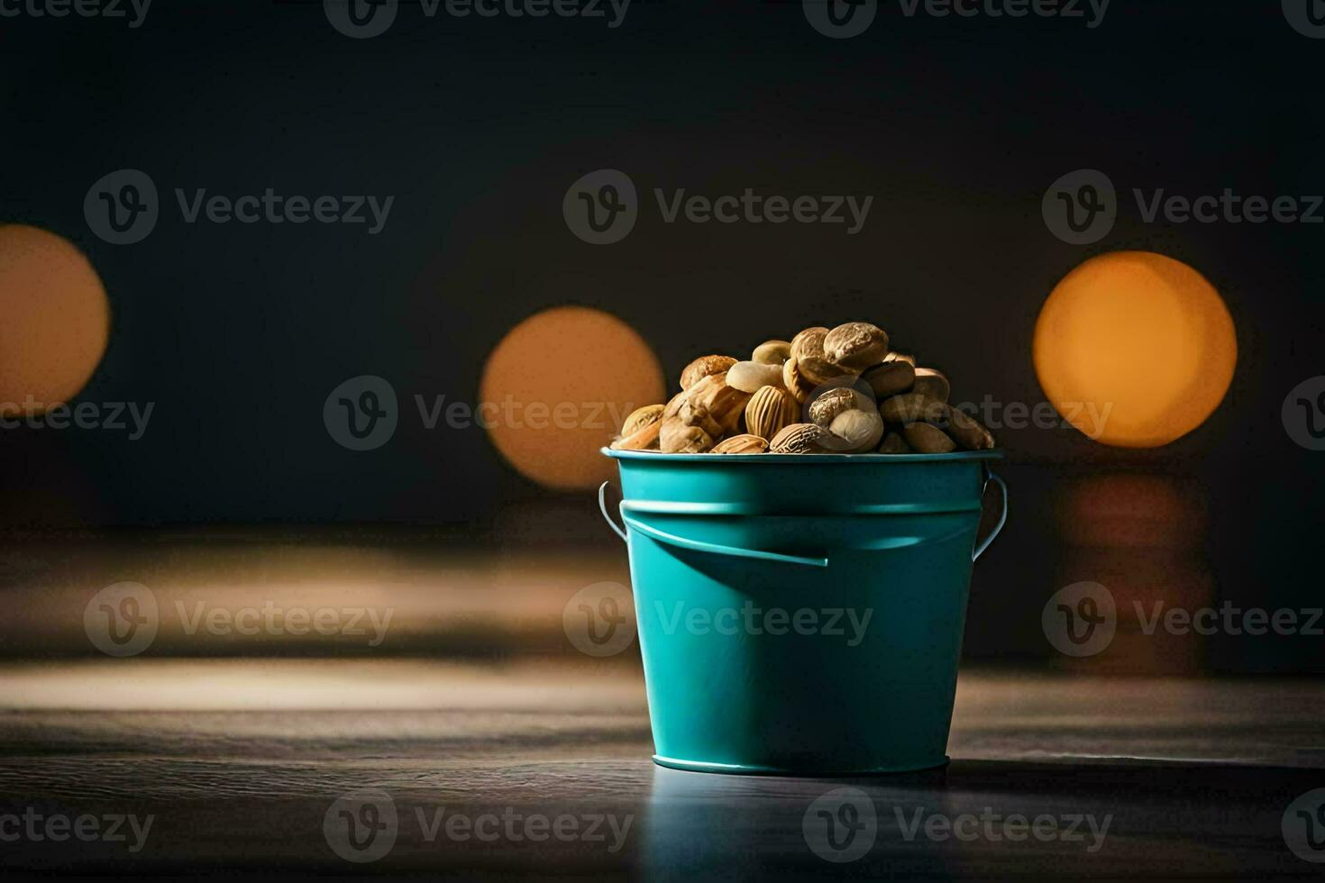 un' secchio di arachidi su un' tavolo. ai-generato foto