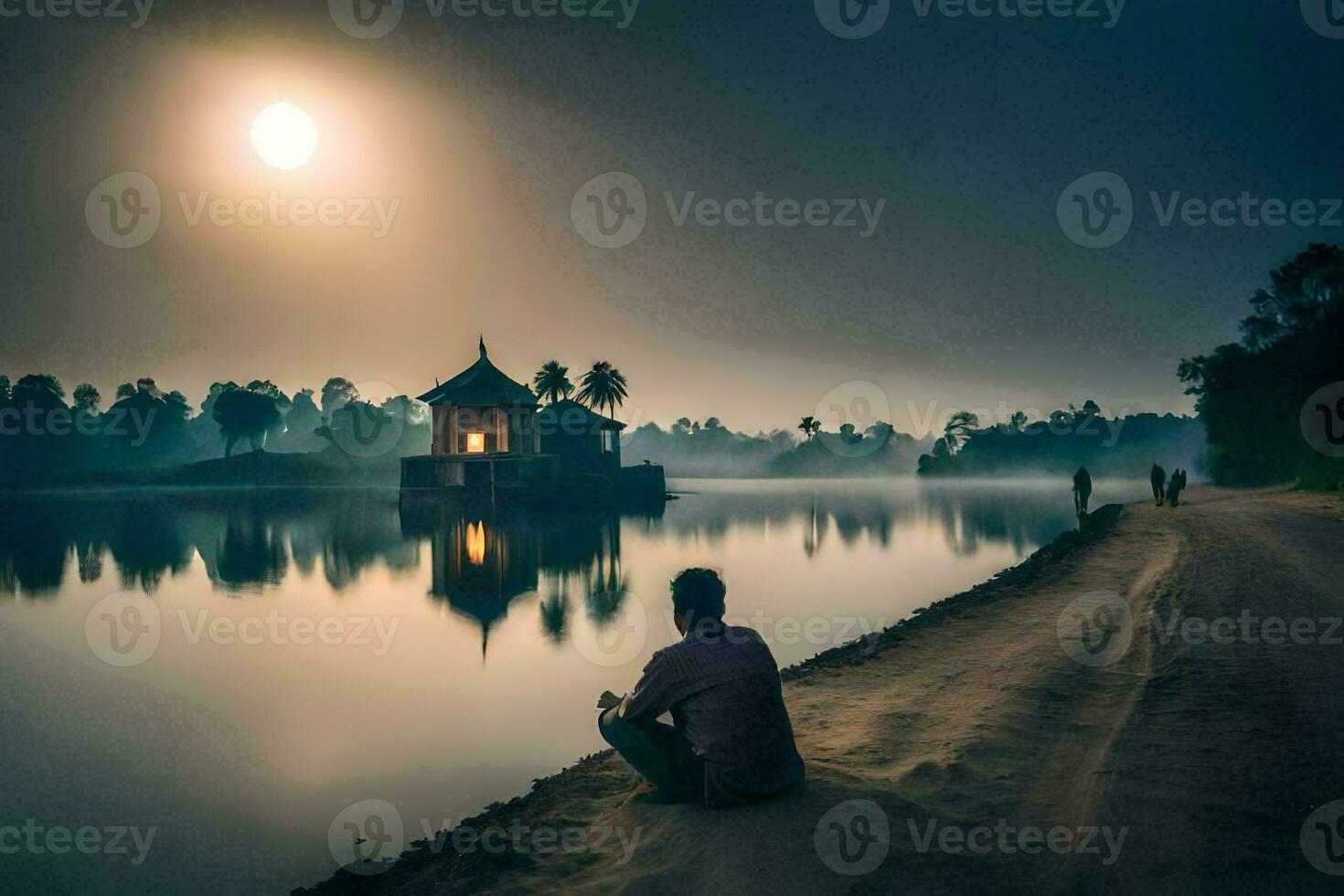 un' uomo seduta su il riva di un' lago a Alba. ai-generato foto