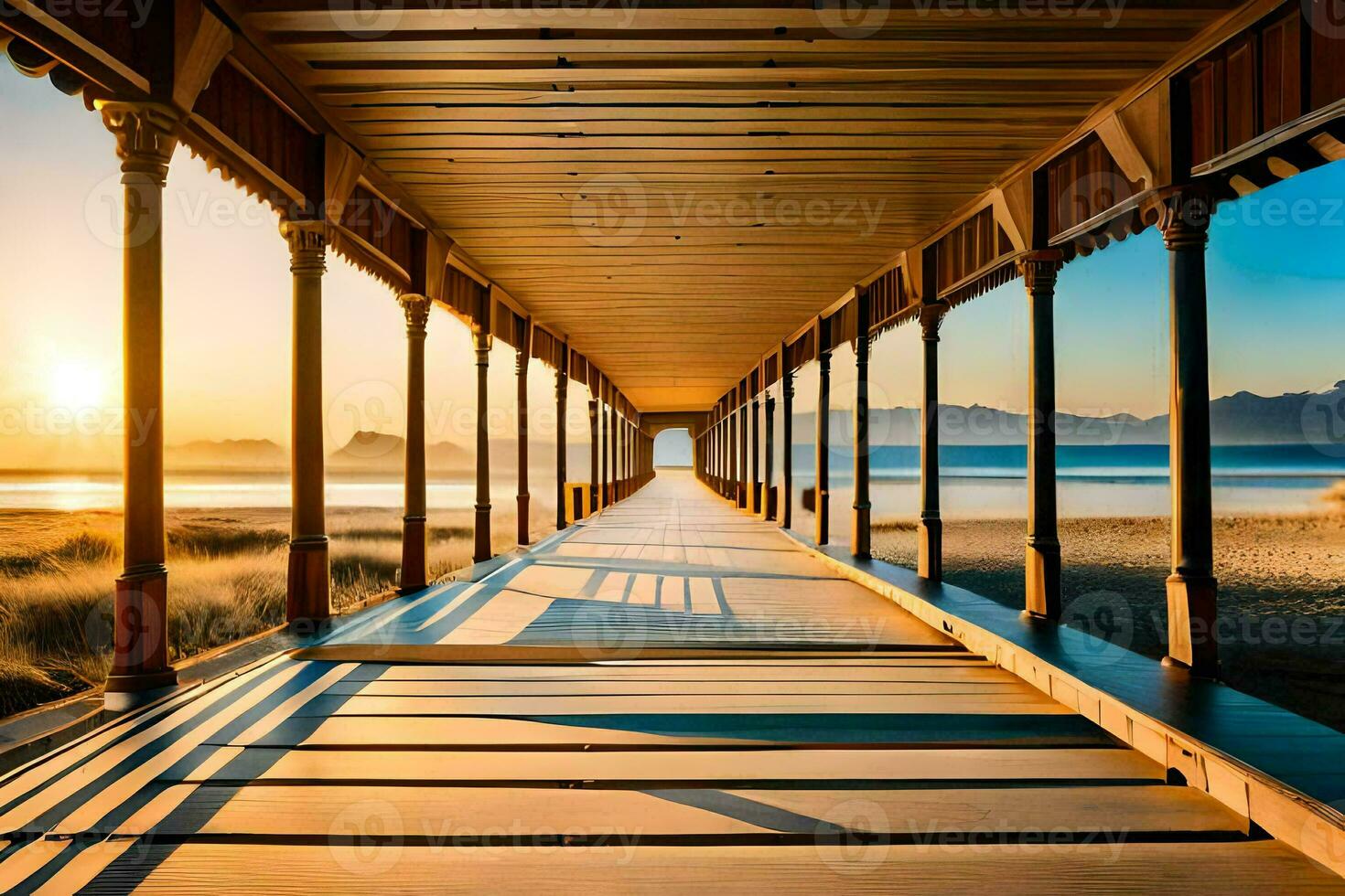 un' lungo di legno passerella conduce per il spiaggia a tramonto. ai-generato foto