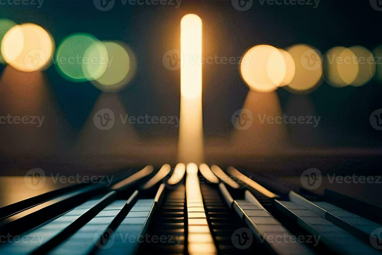 un' pianoforte tastiera con luci nel il sfondo. ai-generato foto
