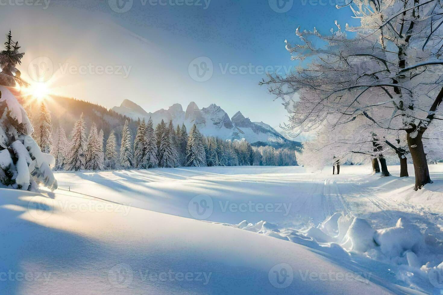 neve coperto alberi e montagne nel il sole. ai-generato foto