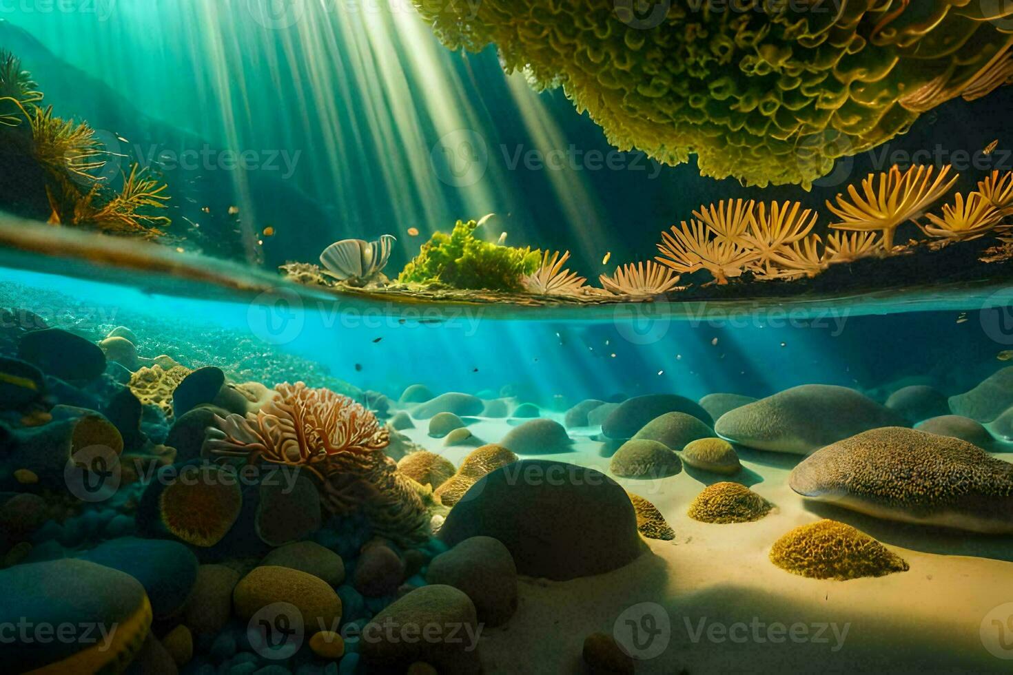 un' corallo scogliera con sole raggi splendente attraverso il acqua. ai-generato foto