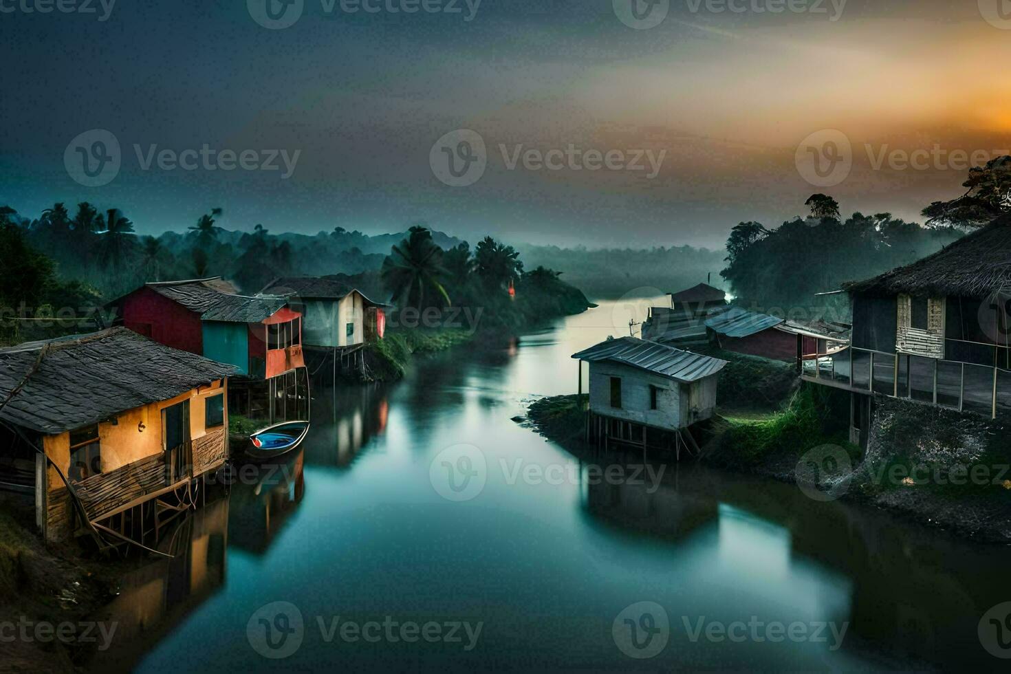un' fiume nel il mezzo di un' villaggio con case. ai-generato foto
