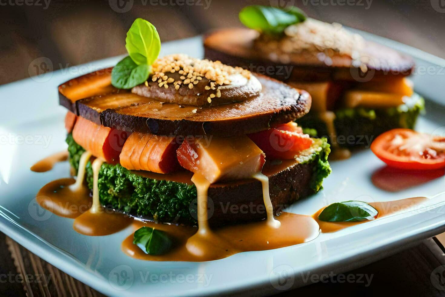 Due panini con verdure su un' bianca piatto. ai-generato foto