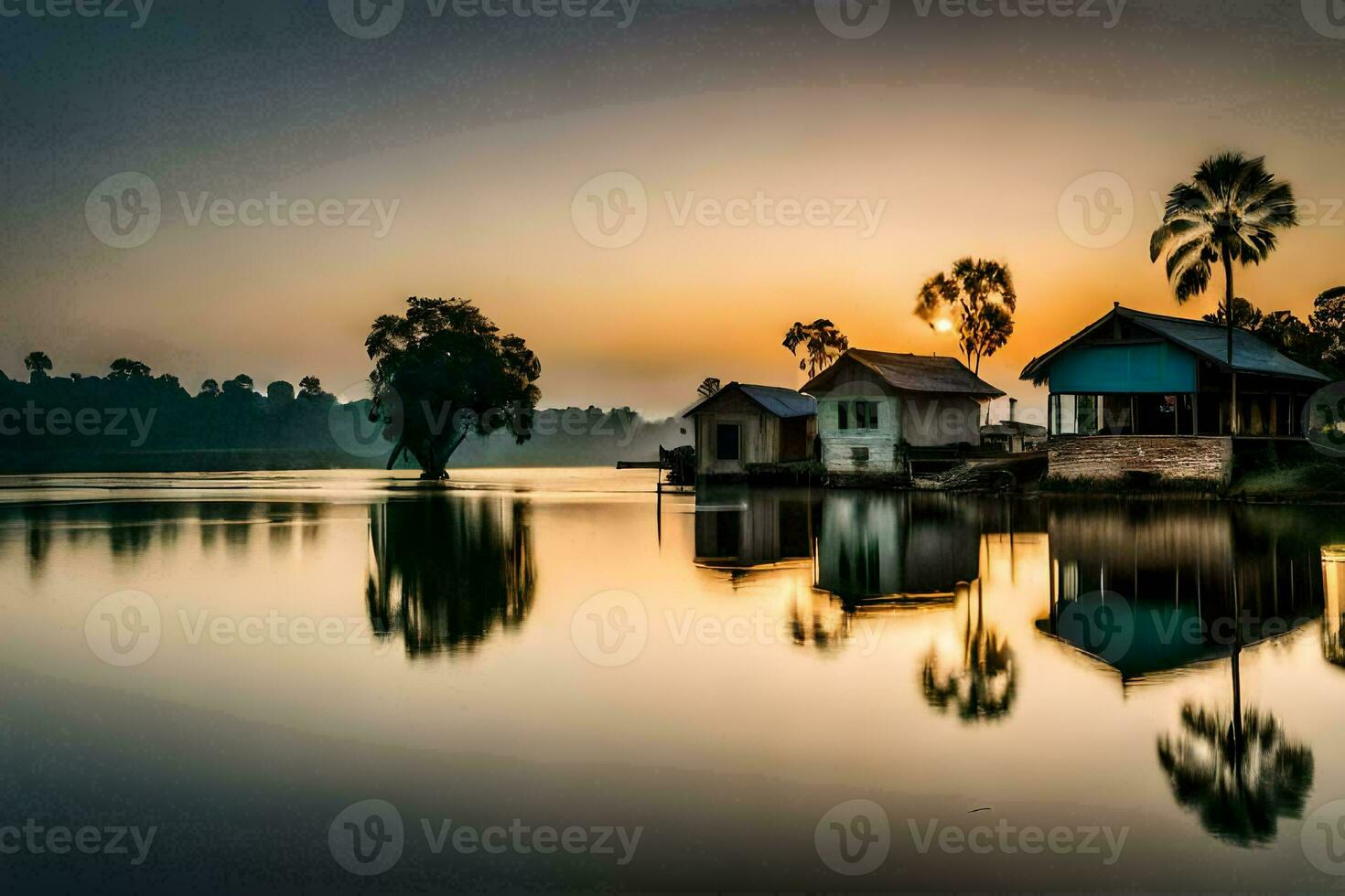 un' Casa su il acqua a tramonto. ai-generato foto