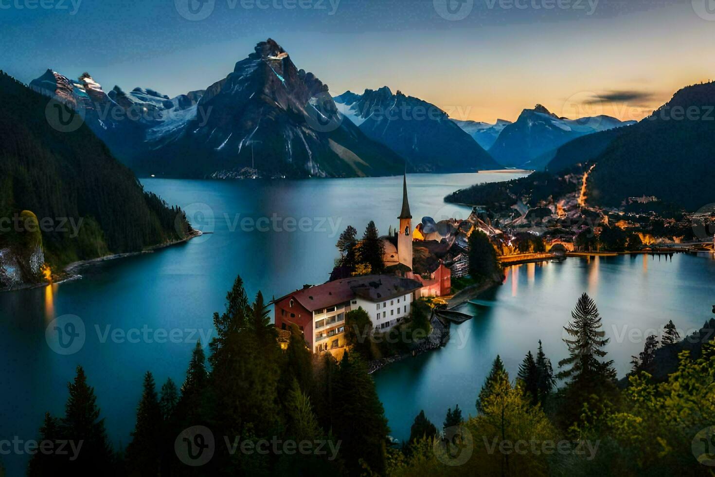 un' cittadina e lago nel il montagne a tramonto. ai-generato foto