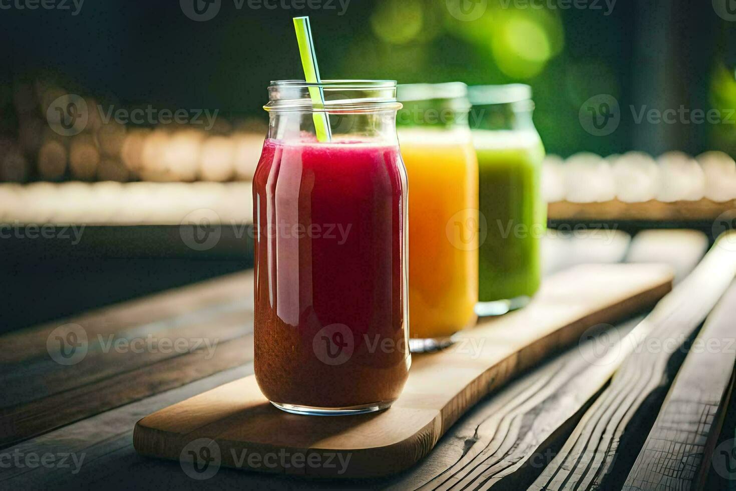 tre diverso colorato succhi di frutta siamo seduta su un' di legno tavolo. ai-generato foto