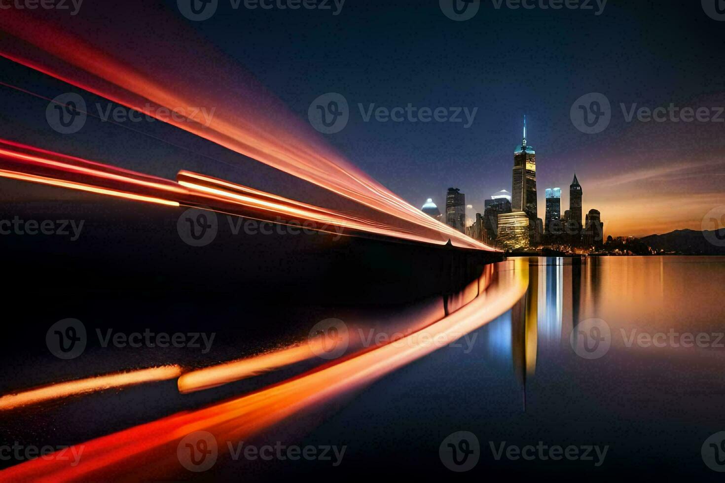 un' lungo esposizione fotografia di un' città orizzonte a notte. ai-generato foto