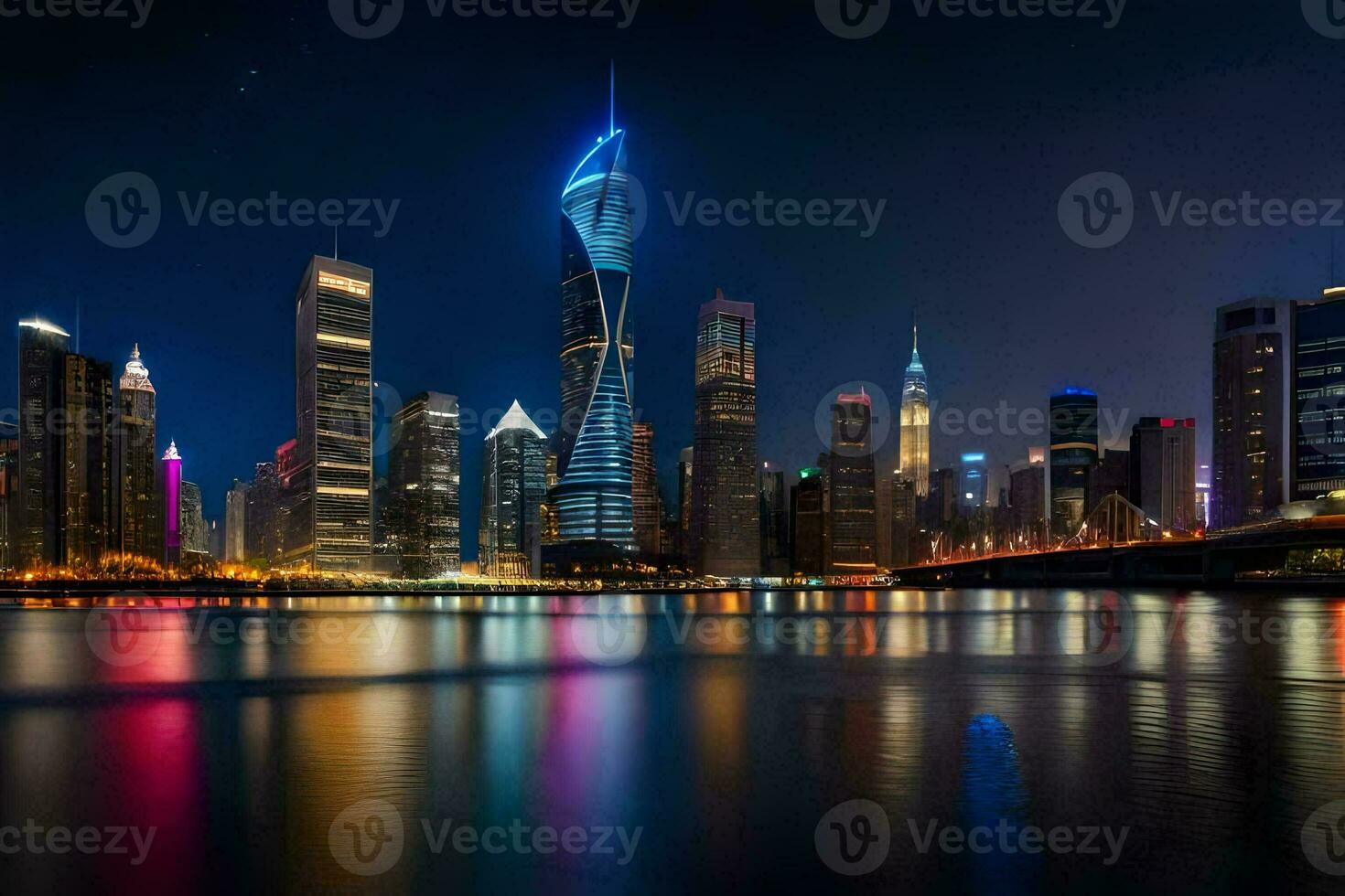 il città orizzonte a notte nel dubai. ai-generato foto