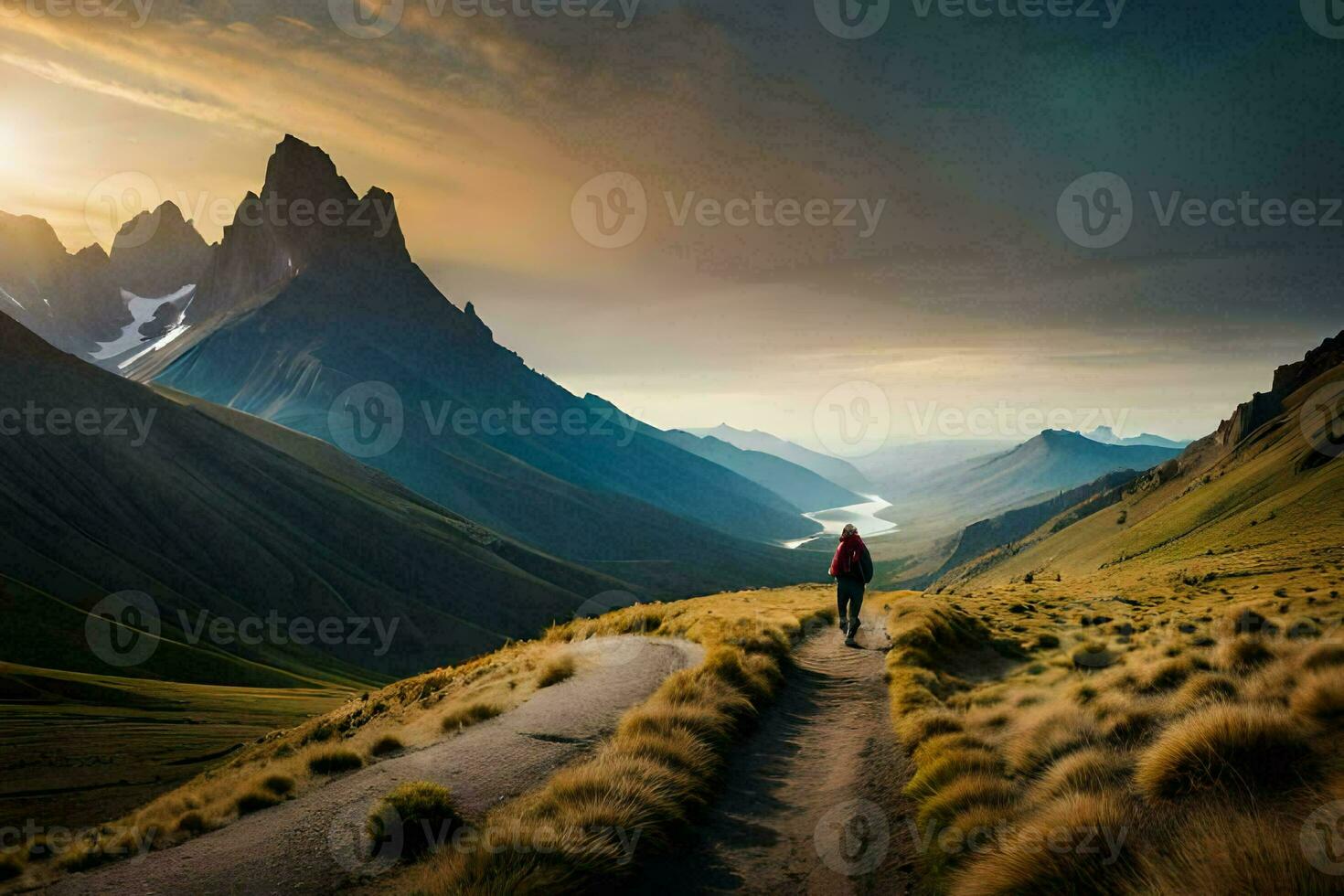 un' uomo passeggiate lungo un' sentiero nel il montagne. ai-generato foto