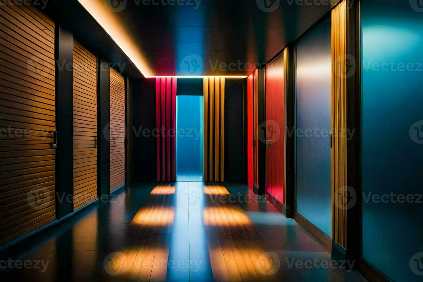 un' corridoio con colorato luci e di legno porte. ai-generato foto