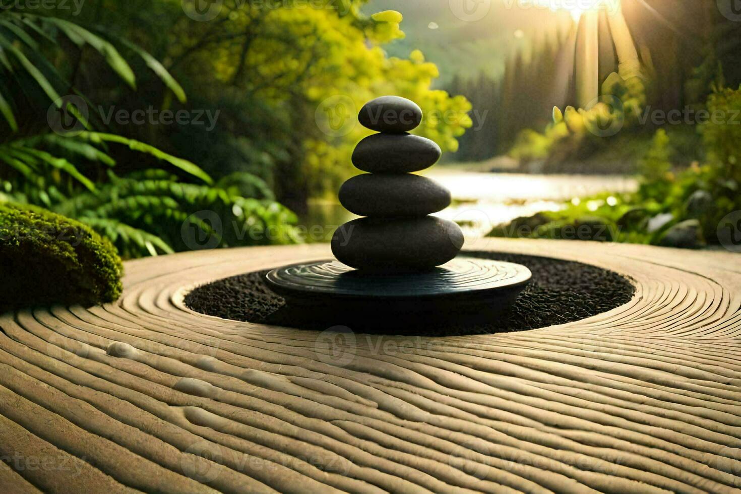 un' zen giardino con pietre e acqua. ai-generato foto