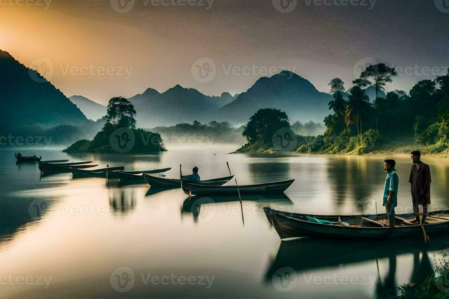 persone nel Barche su il fiume a Alba. ai-generato foto