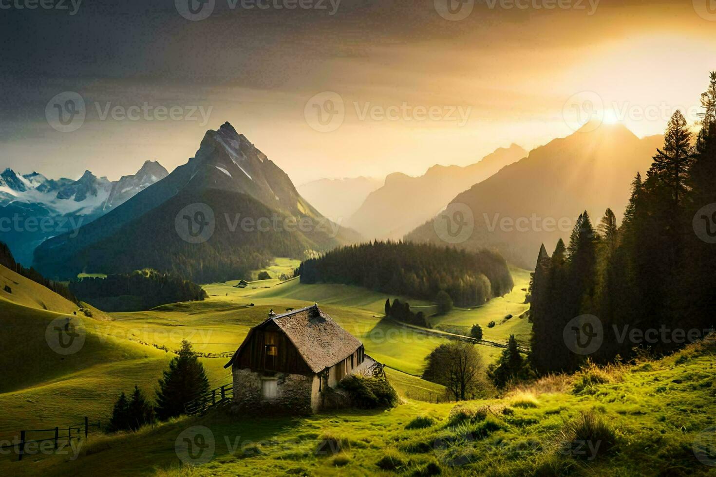il sole sorge al di sopra di il montagne nel il sfondo. ai-generato foto