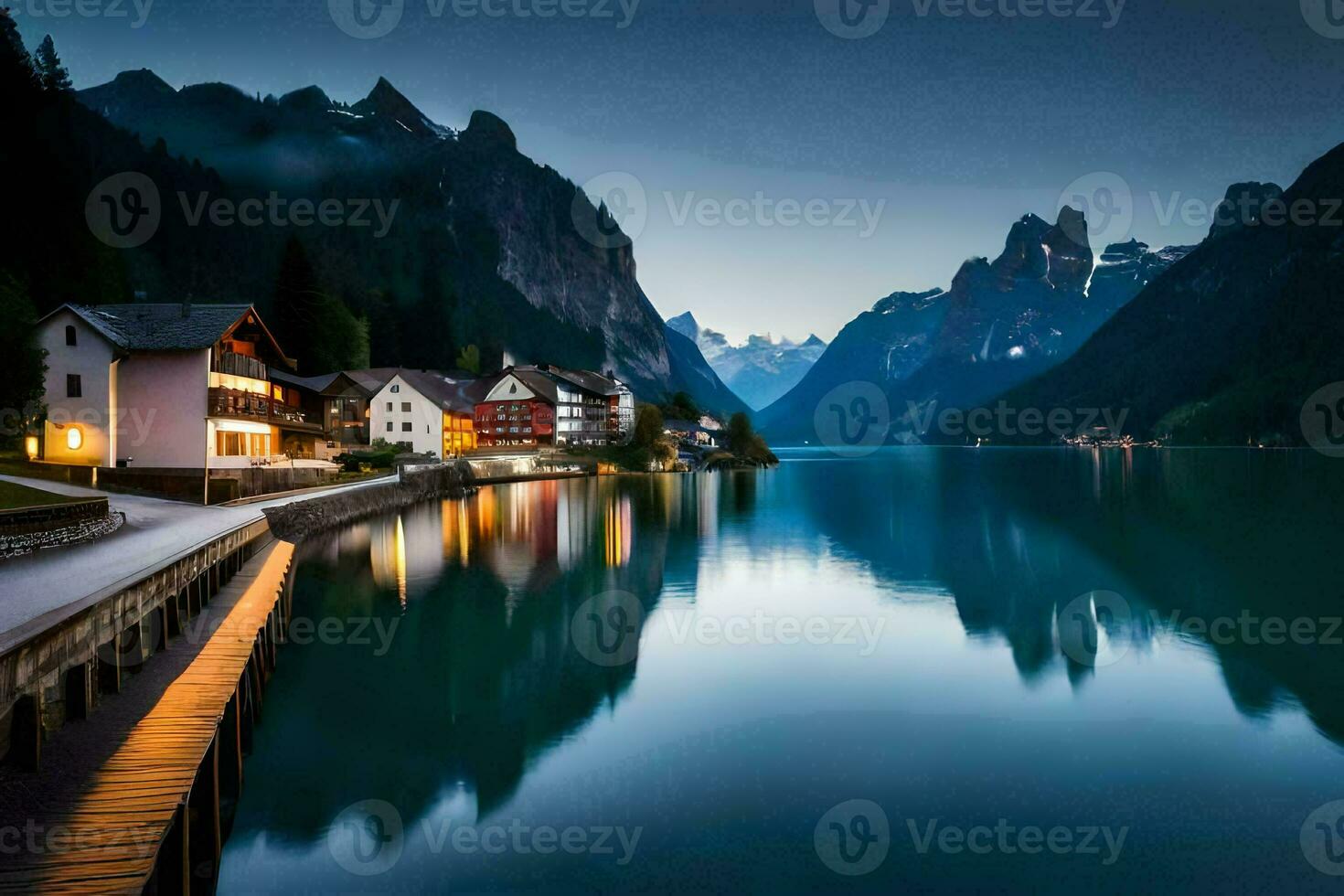 un' lago e montagna gamma nel il sfondo. ai-generato foto