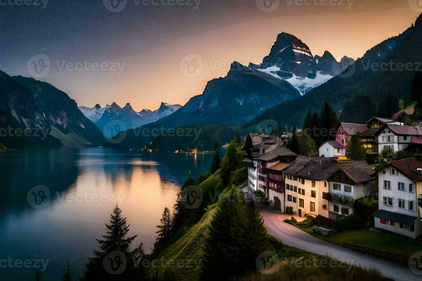 un' lago e montagna cittadina a tramonto. ai-generato foto