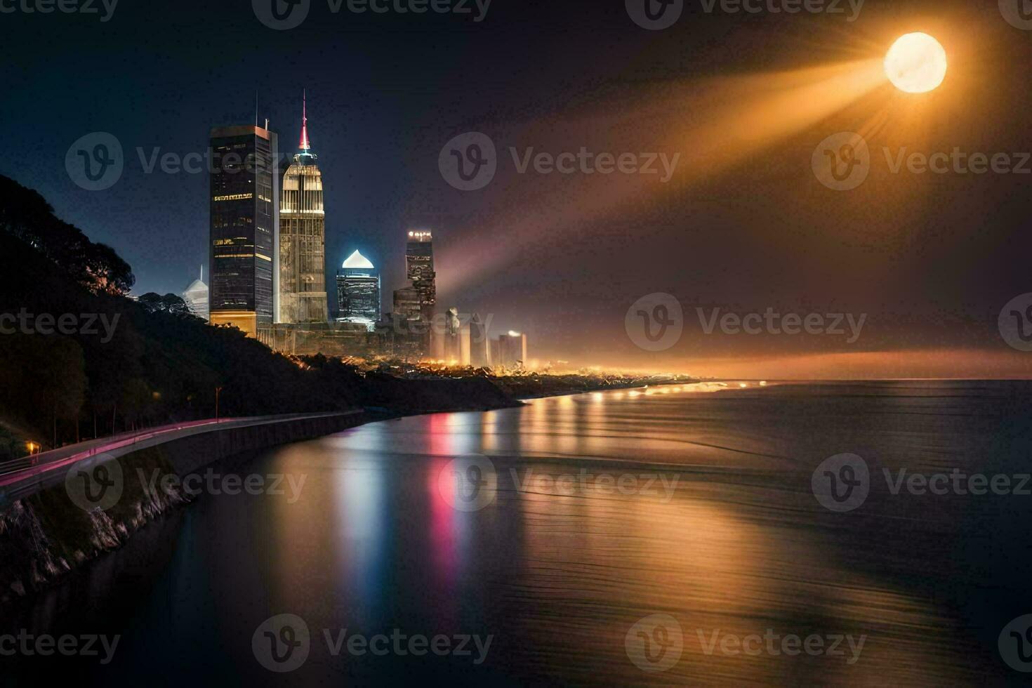 il Luna è splendente al di sopra di il città orizzonte a notte. ai-generato foto