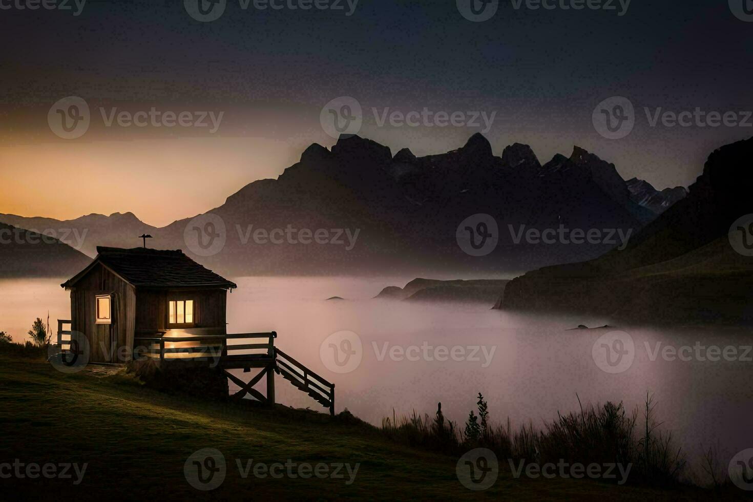 un' piccolo cabina si siede su il bordo di un' lago a tramonto. ai-generato foto