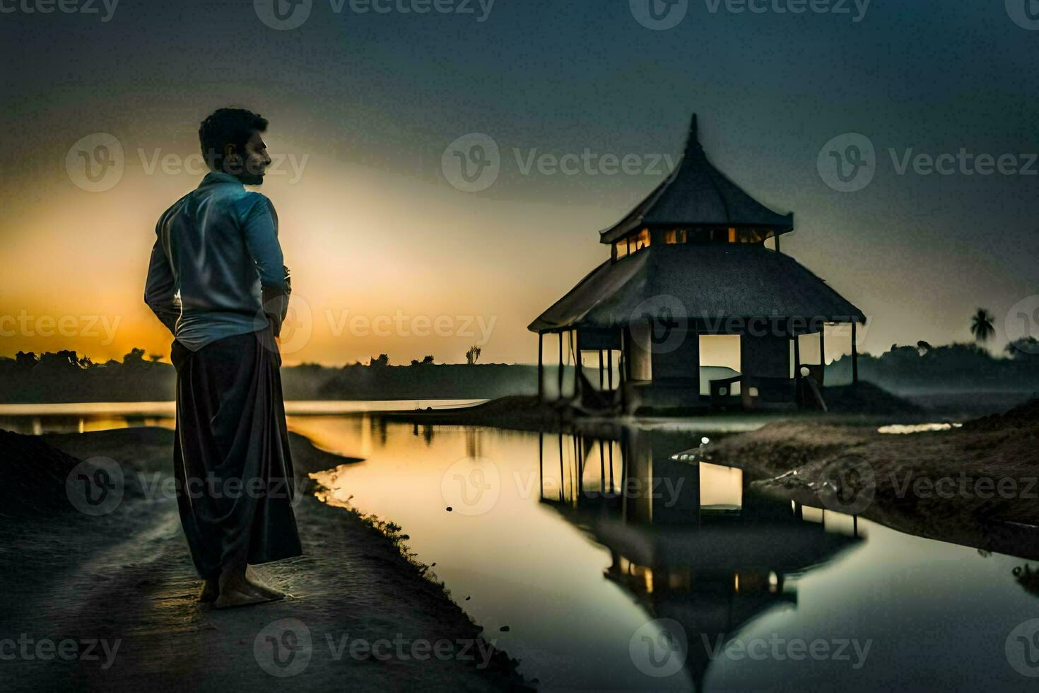 un' uomo sta nel davanti di un' piccolo capanna a tramonto. ai-generato foto