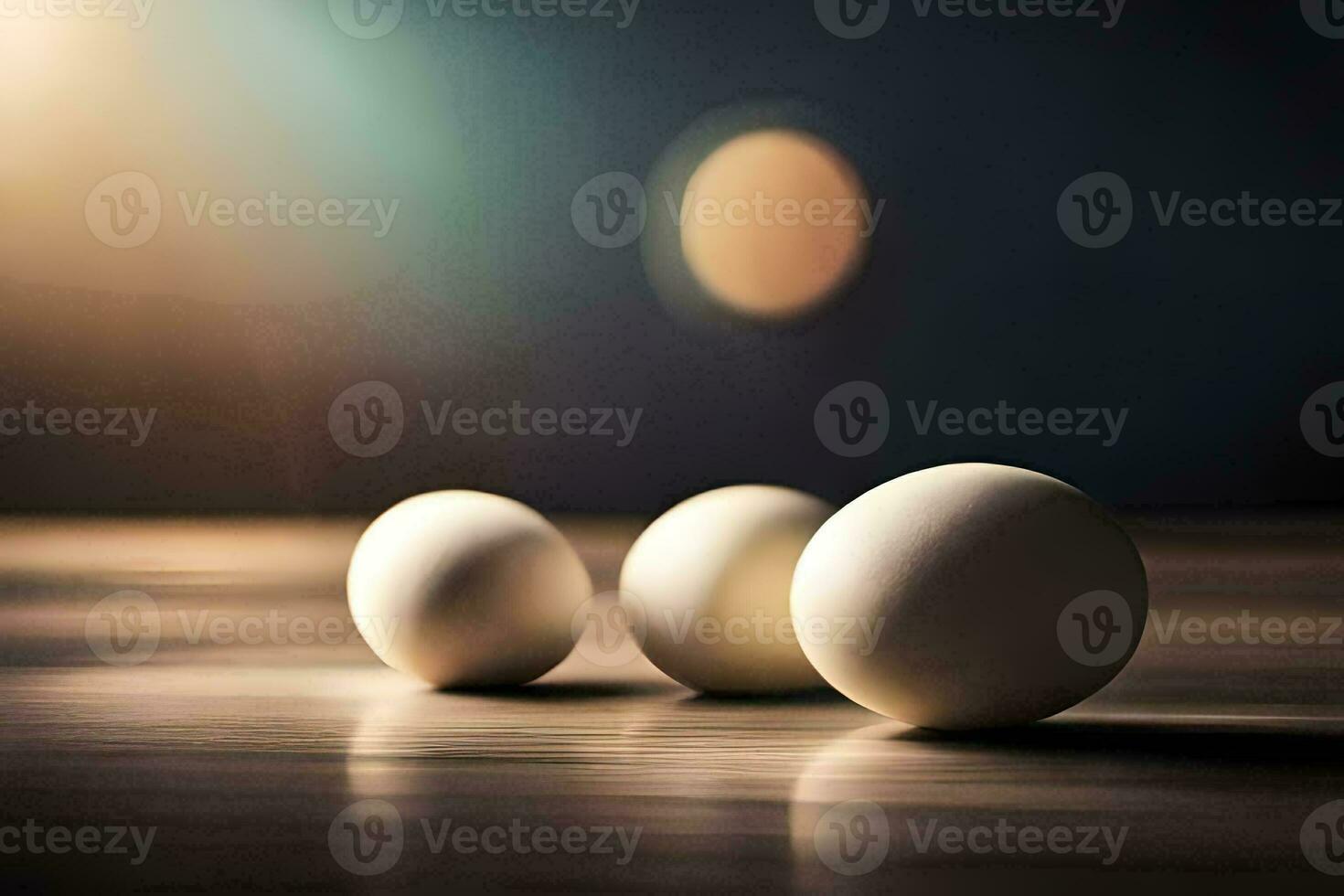 tre bianca uova su un' tavolo con un' leggero dietro a loro. ai-generato foto