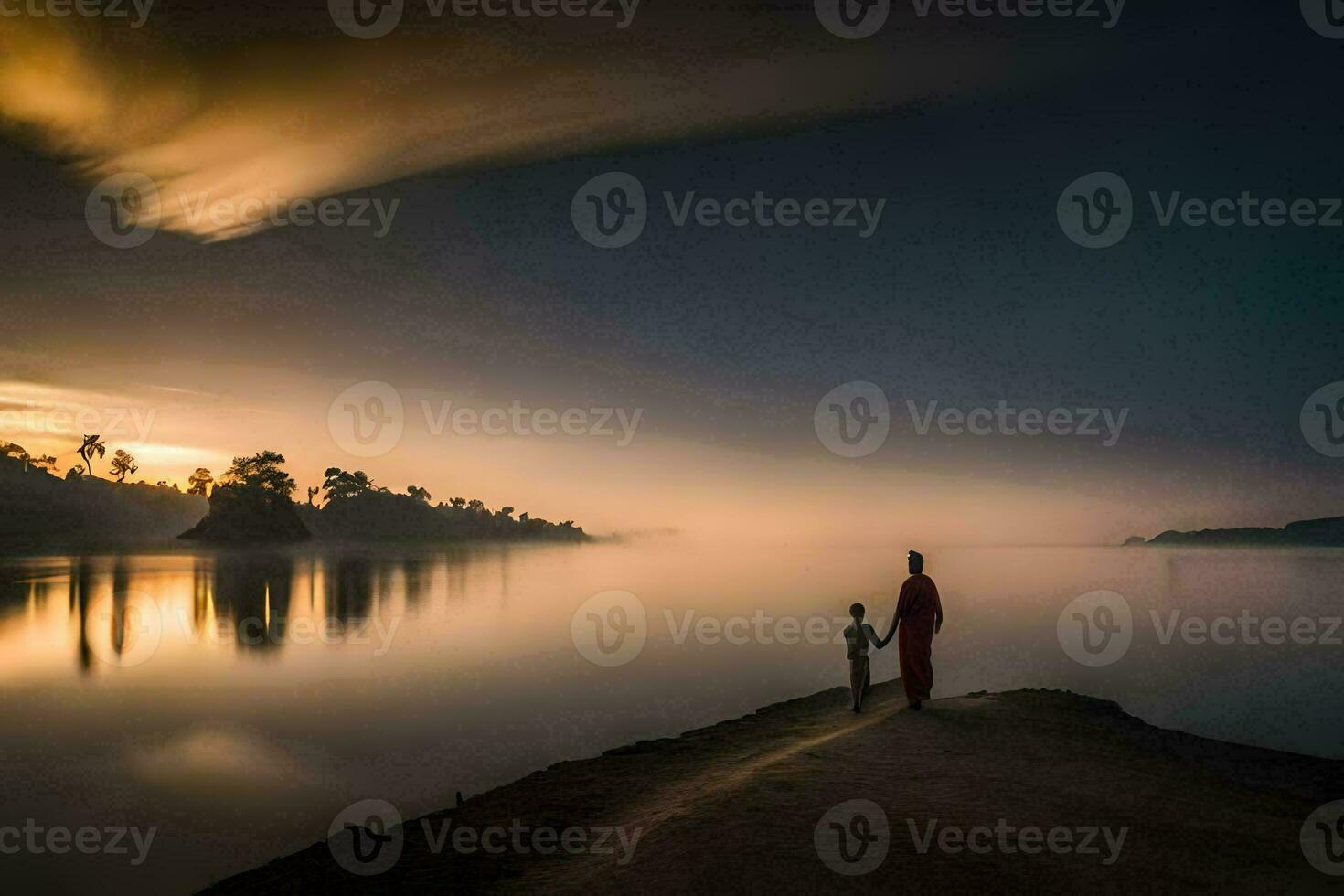 un' uomo e il suo bambino In piedi su il riva di un' lago a tramonto. ai-generato foto