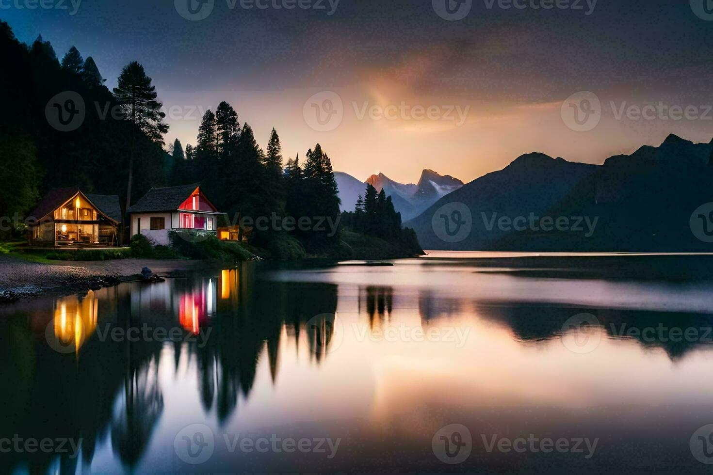 un' Casa si siede su il riva di un' lago a tramonto. ai-generato foto