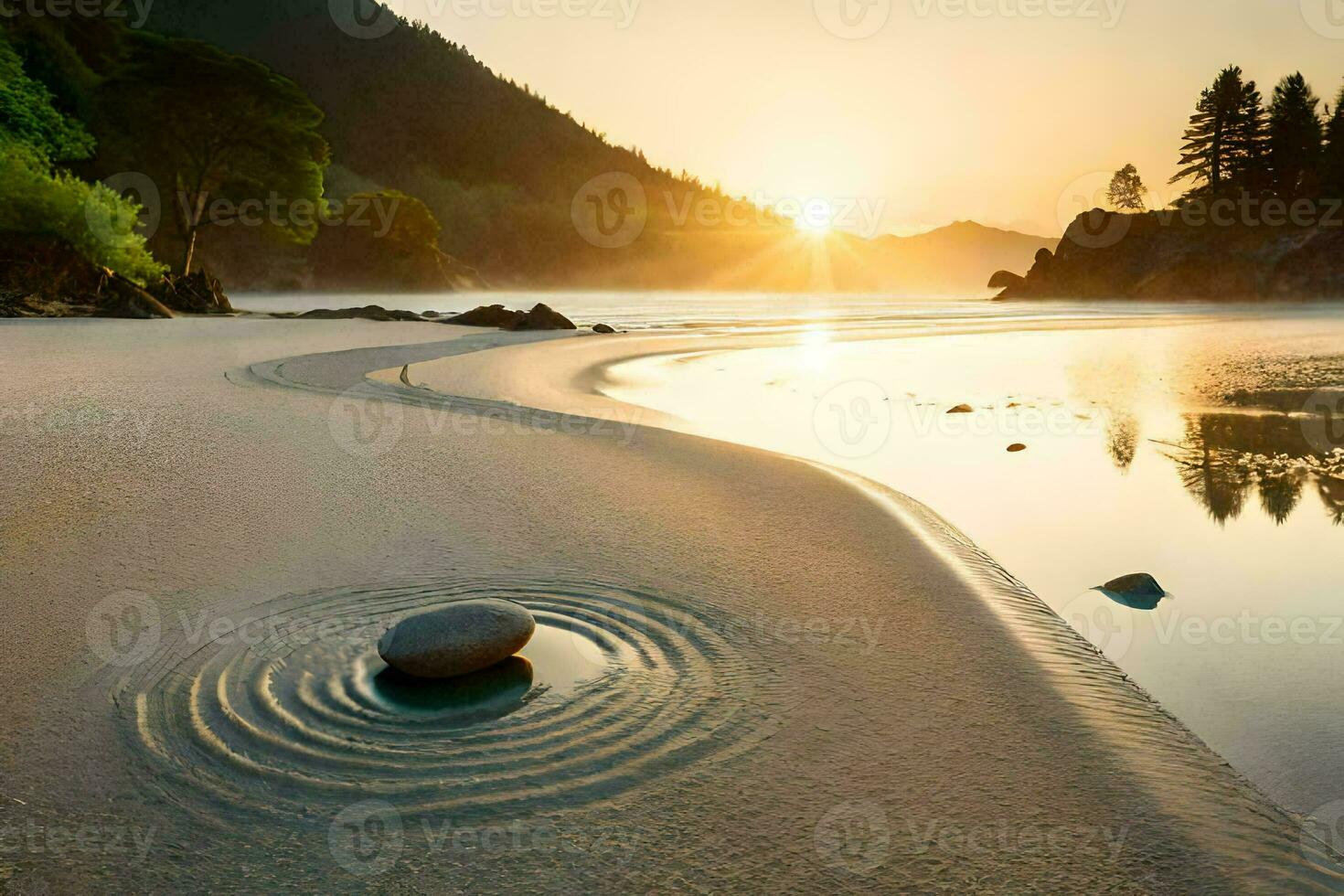 un' roccia è seduta su il spiaggia a tramonto. ai-generato foto