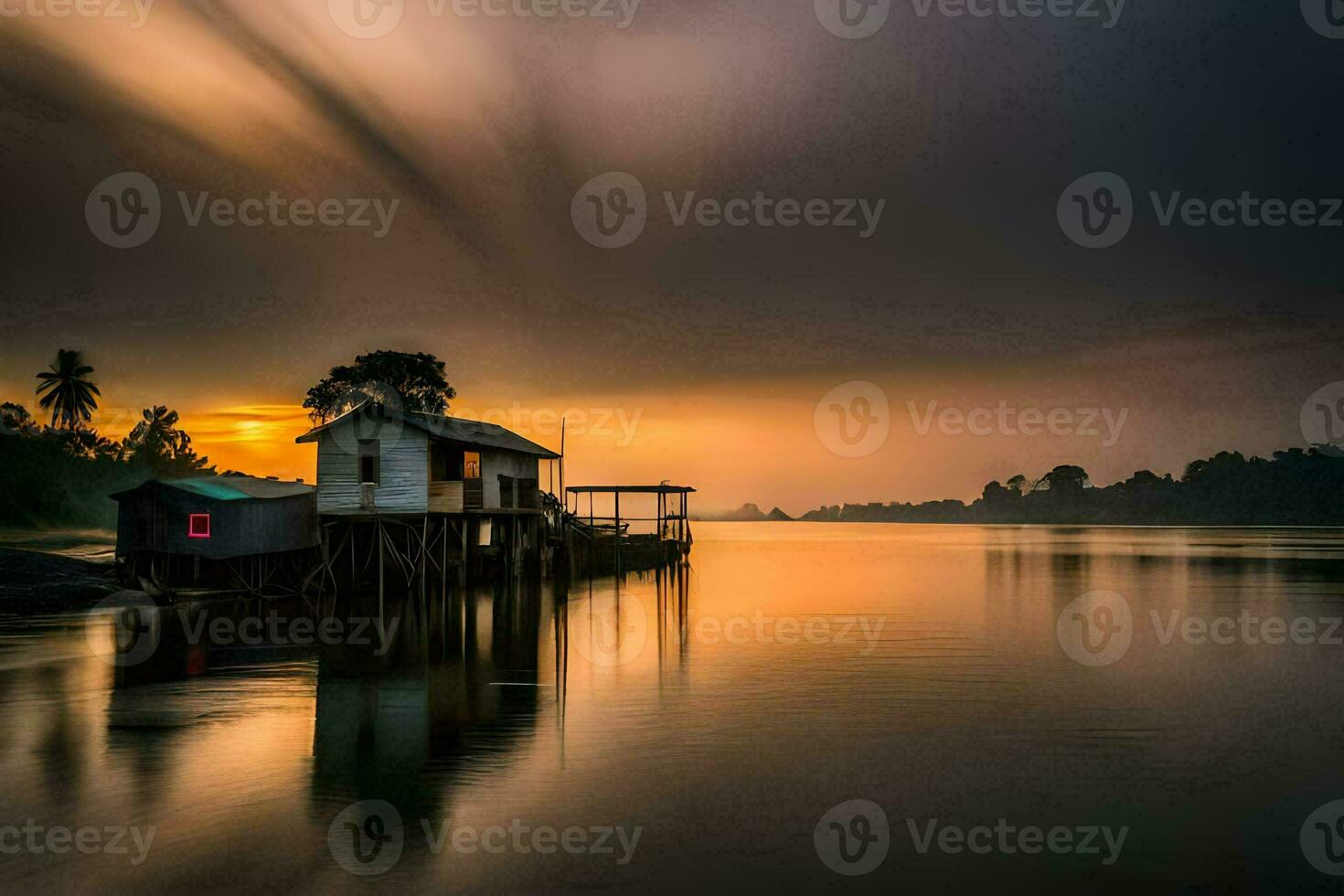 un' Casa su trampoli nel il mezzo di il acqua. ai-generato foto