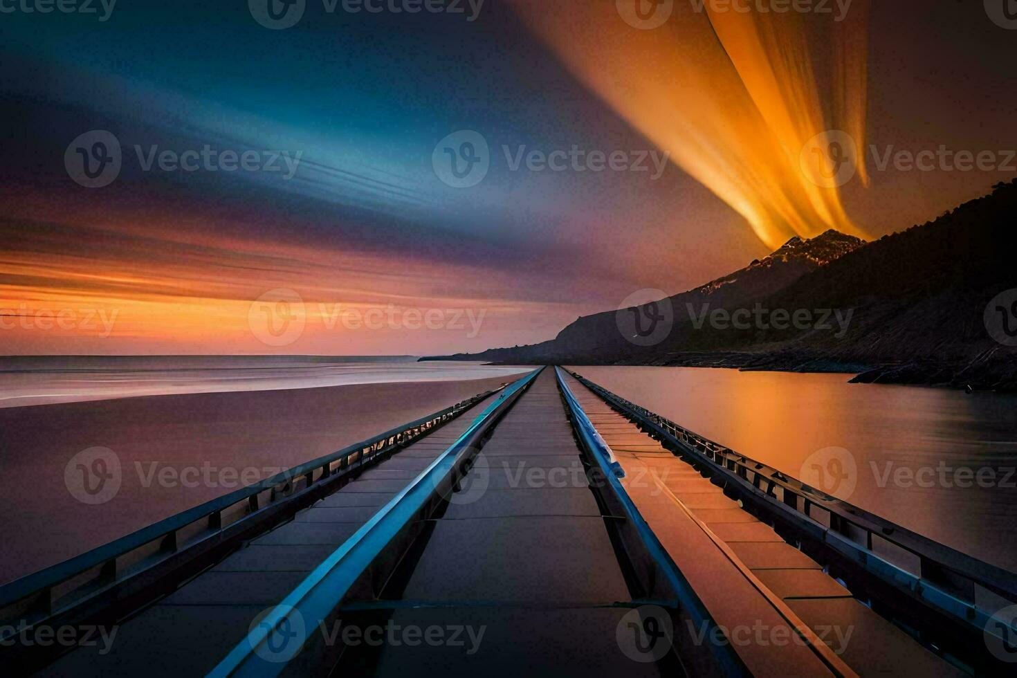 un' lungo esposizione foto di un' treno traccia nel il oceano. ai-generato