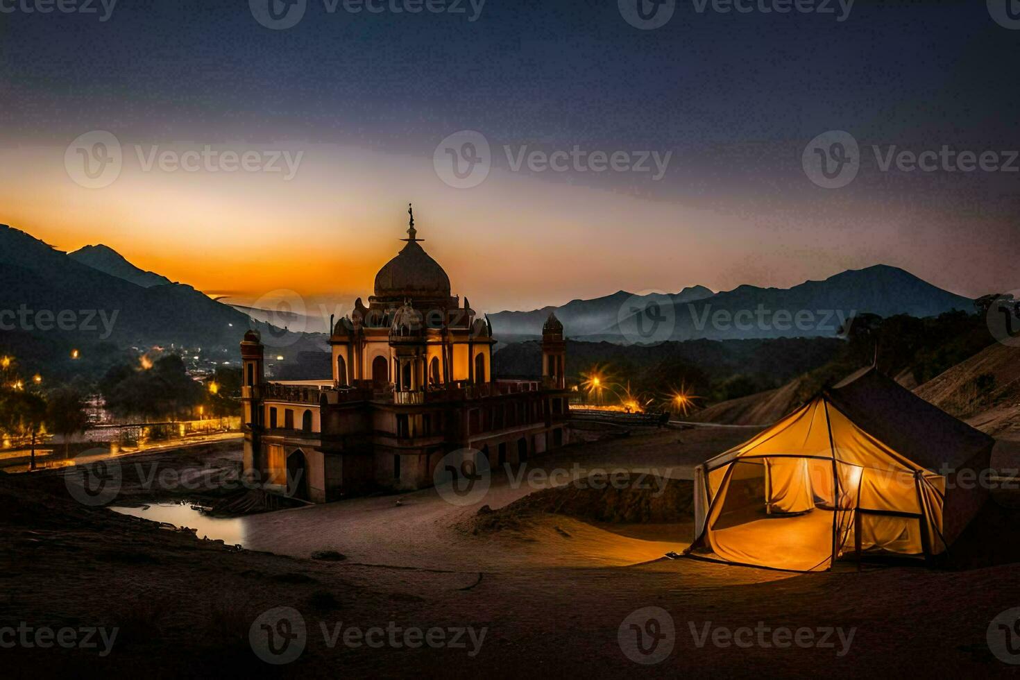 un' tenda nel il mezzo di un' deserto a tramonto. ai-generato foto