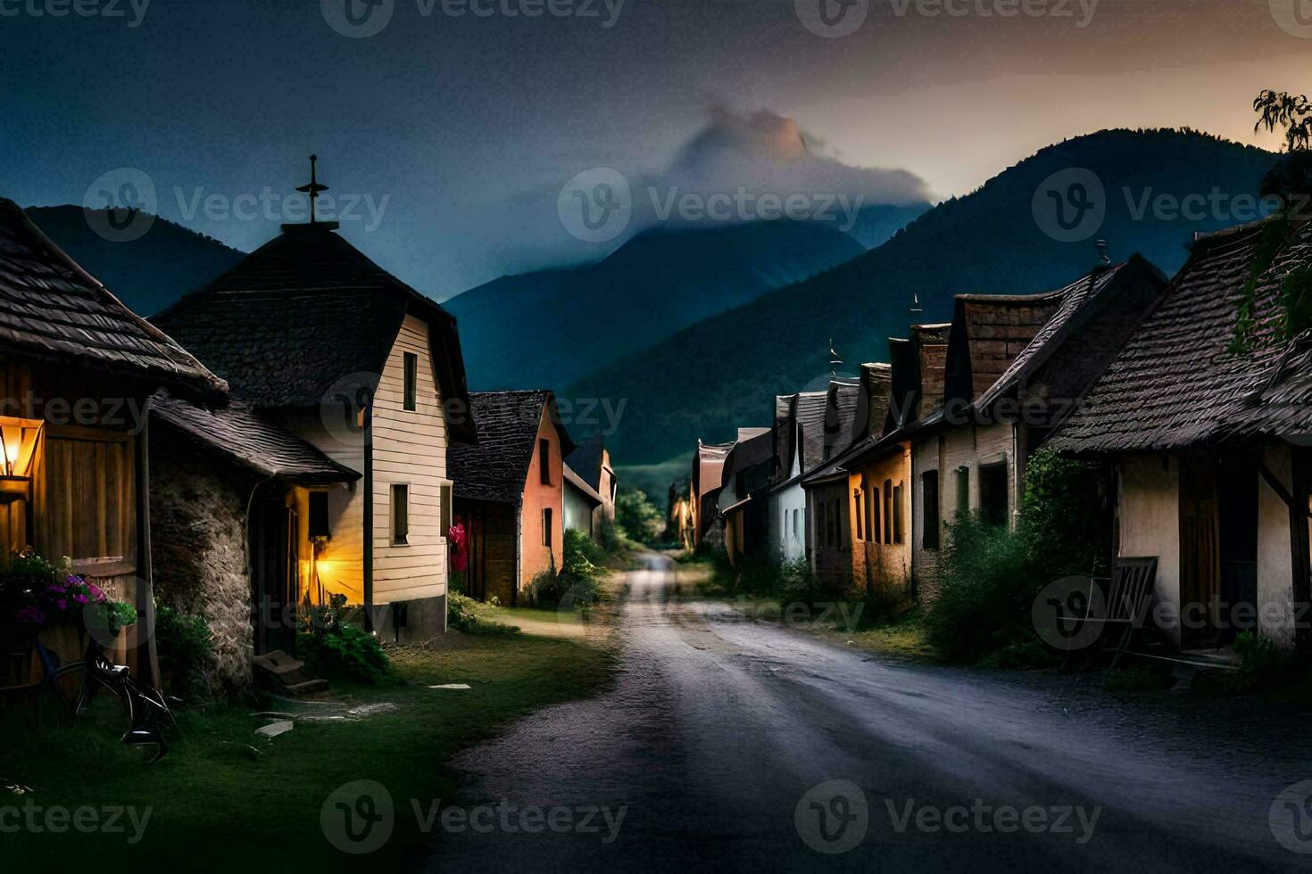 un' strada nel il mezzo di un' villaggio a crepuscolo. ai-generato foto