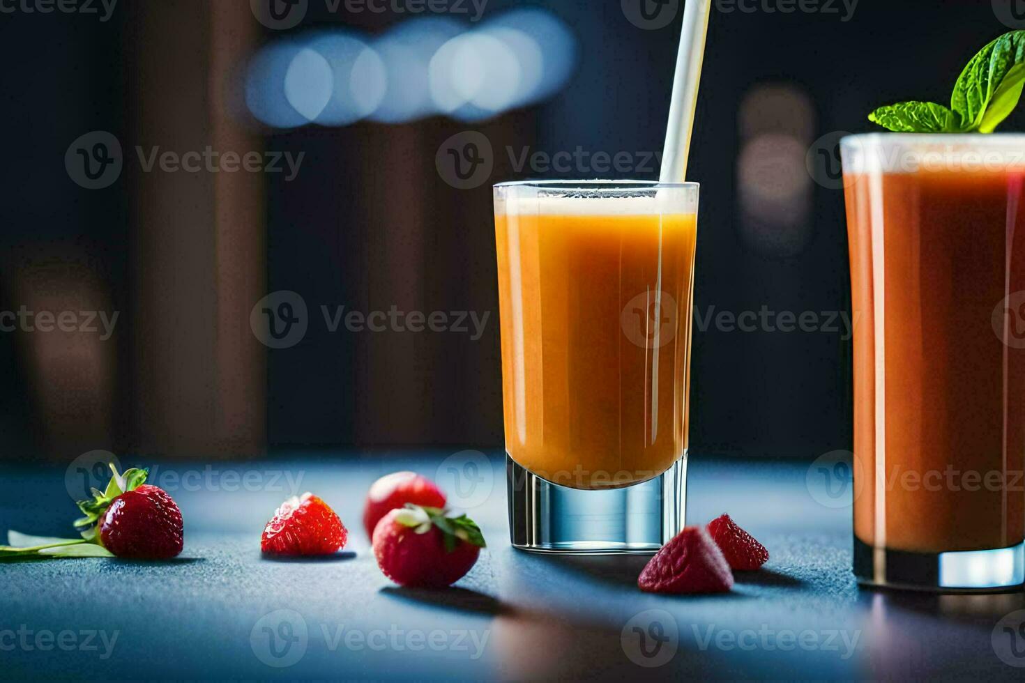 Due bicchieri di arancia succo con fragole e menta le foglie. ai-generato foto