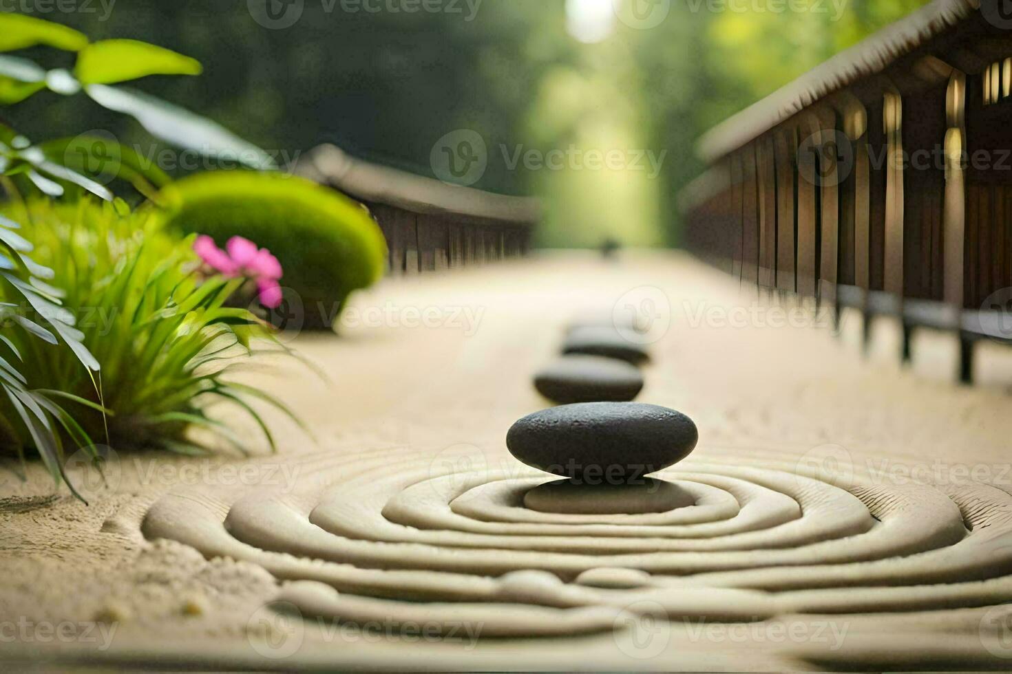 un' zen giardino con pietre e un' ponte. ai-generato foto