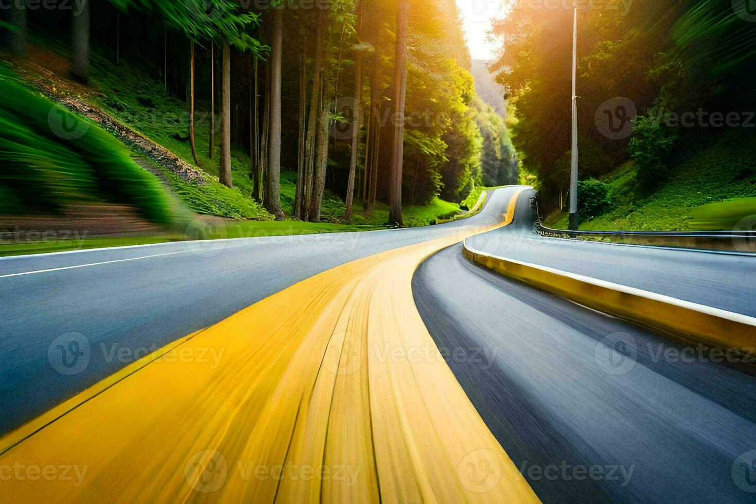 un' giallo linea su il strada nel il foresta. ai-generato foto